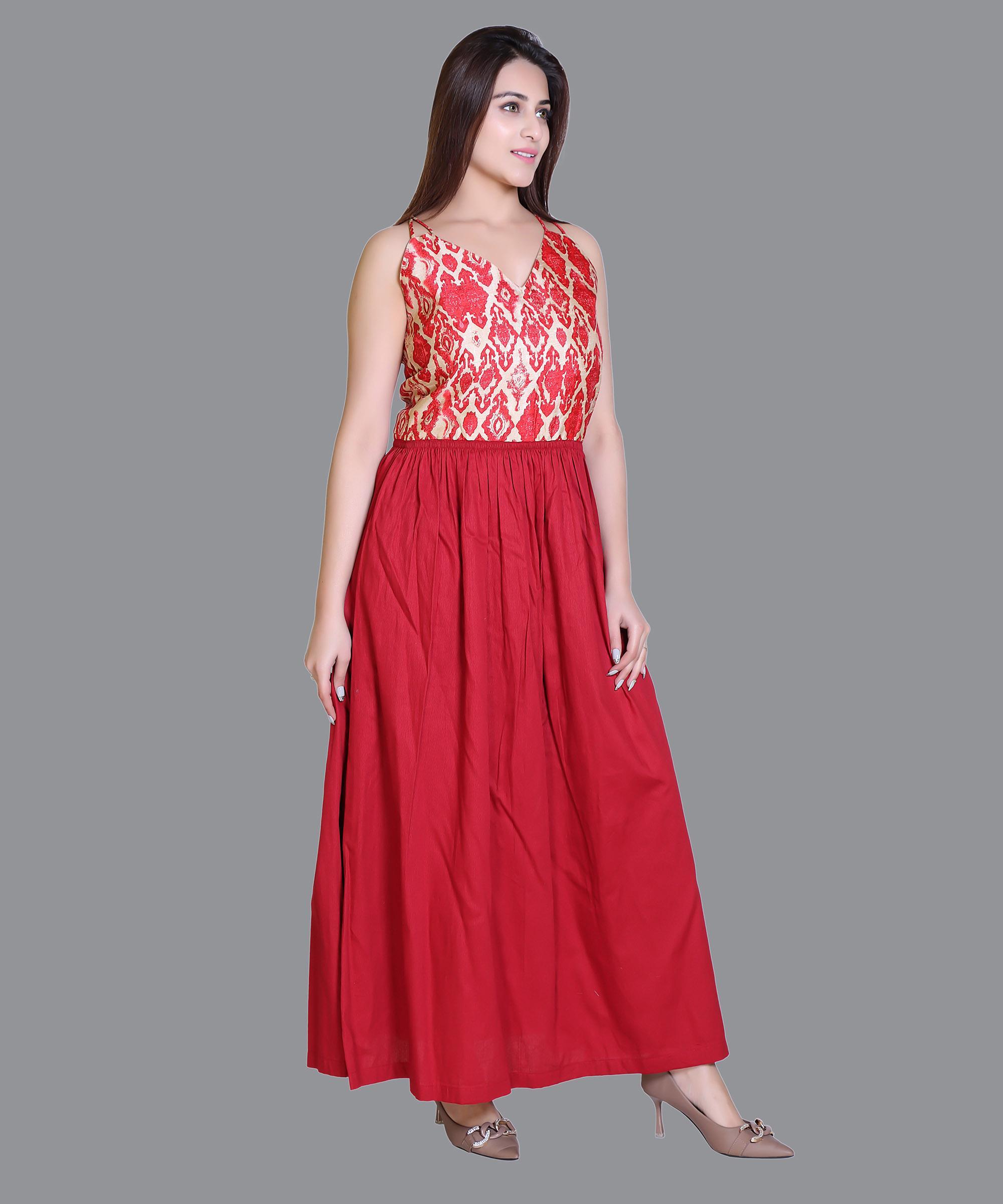 Women Satin Maroon Print Western Dress