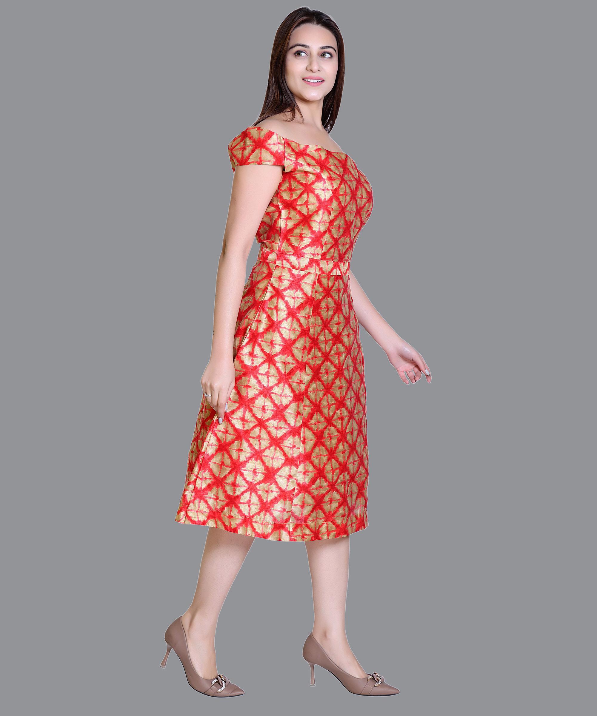Women Satin Orange Floral Print Western Dress