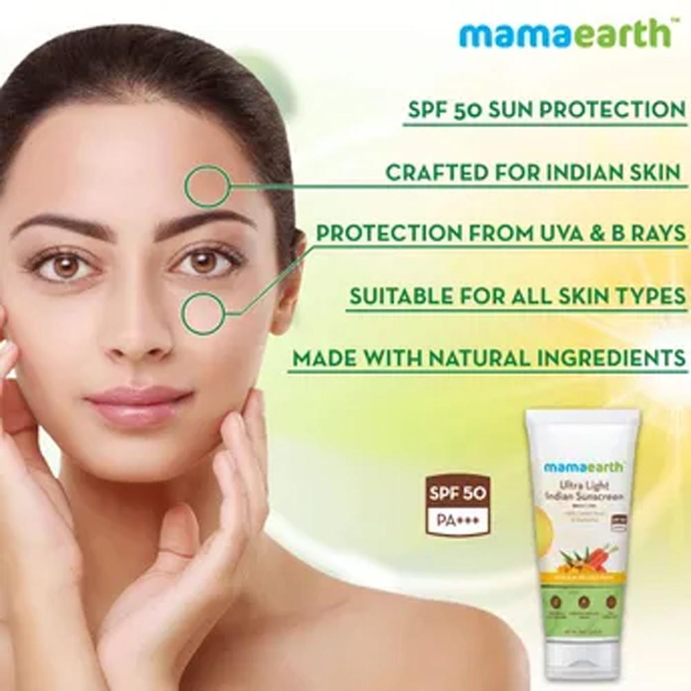 Mamaearth Ultra Light Indian Sunscreen SPF50 PA+++ With Turmeric & Carrot Seed