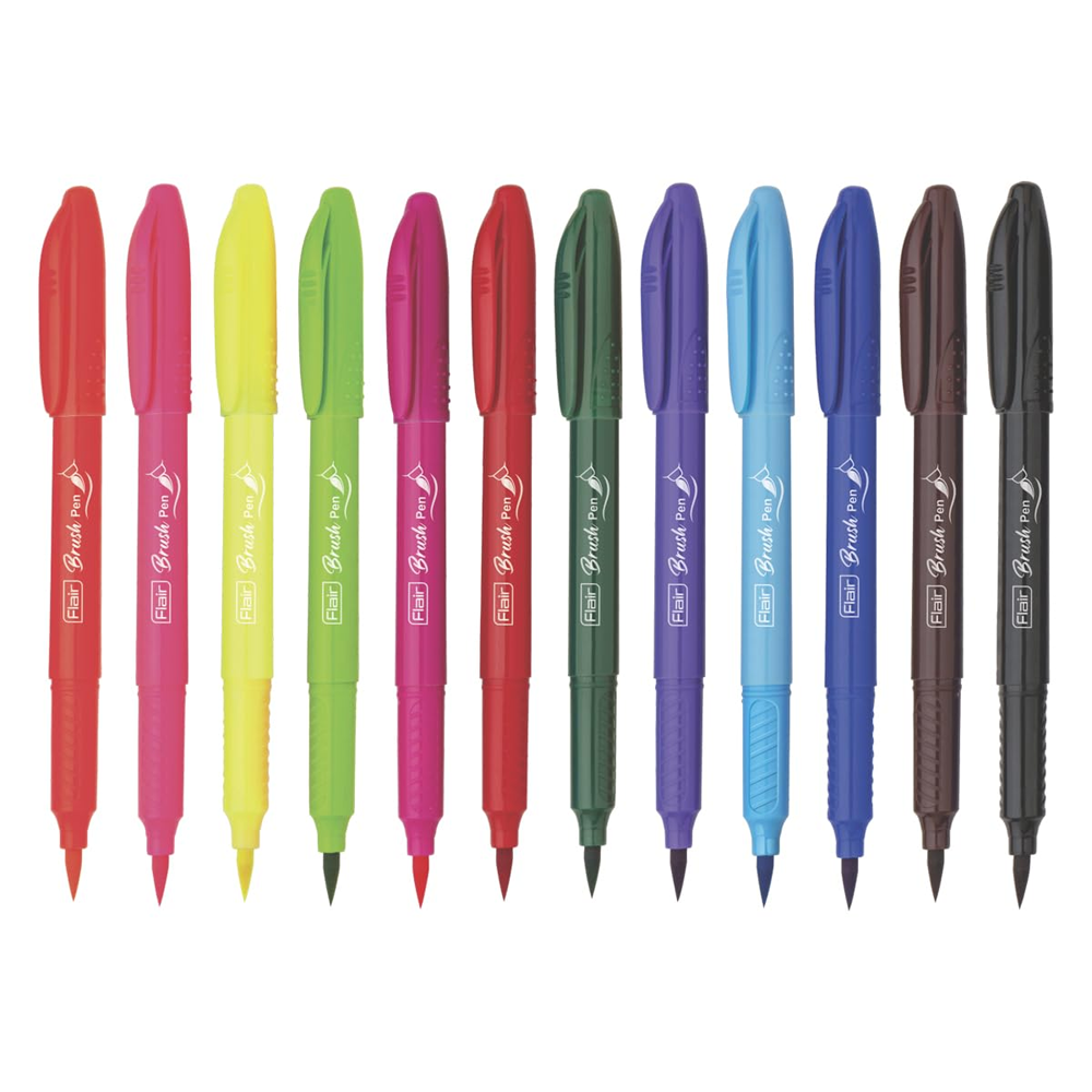 FLAIR Creative Brush Pen With Flexible Tip | Watecolour Effect & Smudge Free Writing | Non-Toxic & Safe For Childrens | A Great Tool For Lettering & Calligraphy | Set of 12 Bright Shades