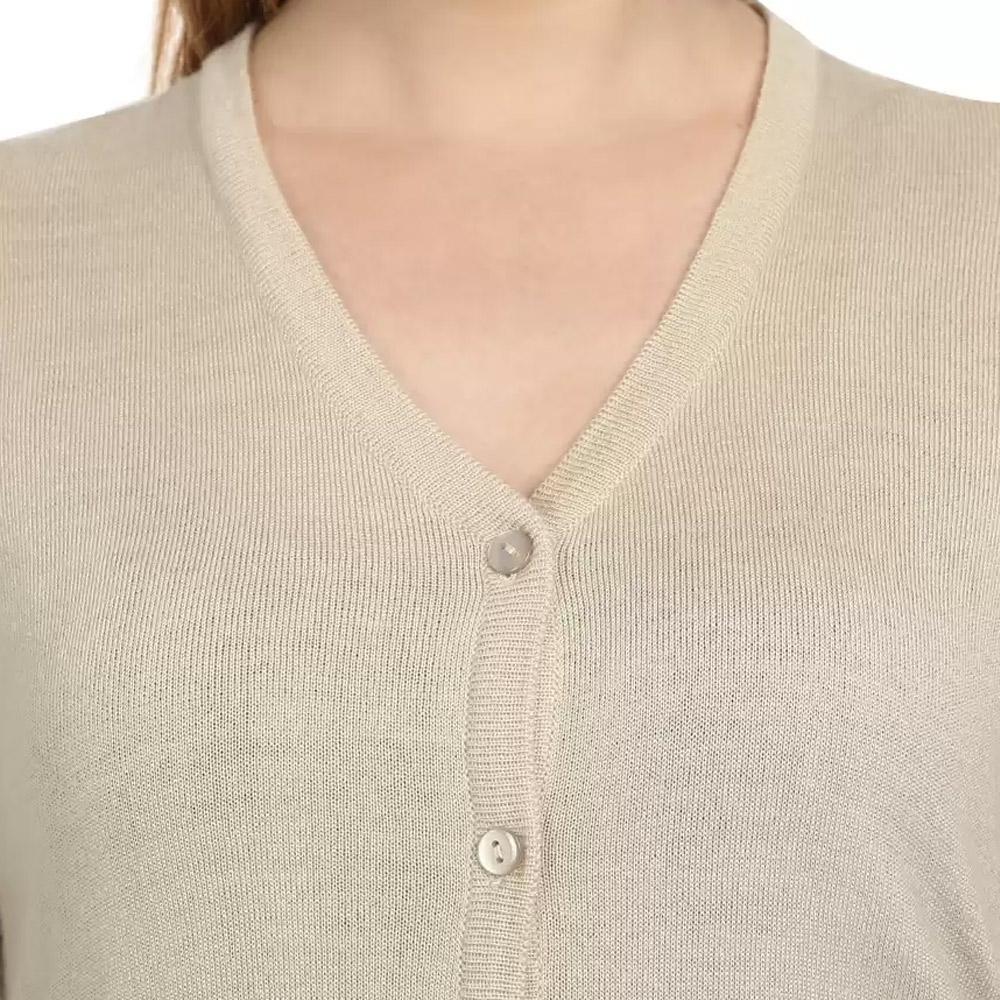 Companion Solid V Neck Casual Women Beige Sweater