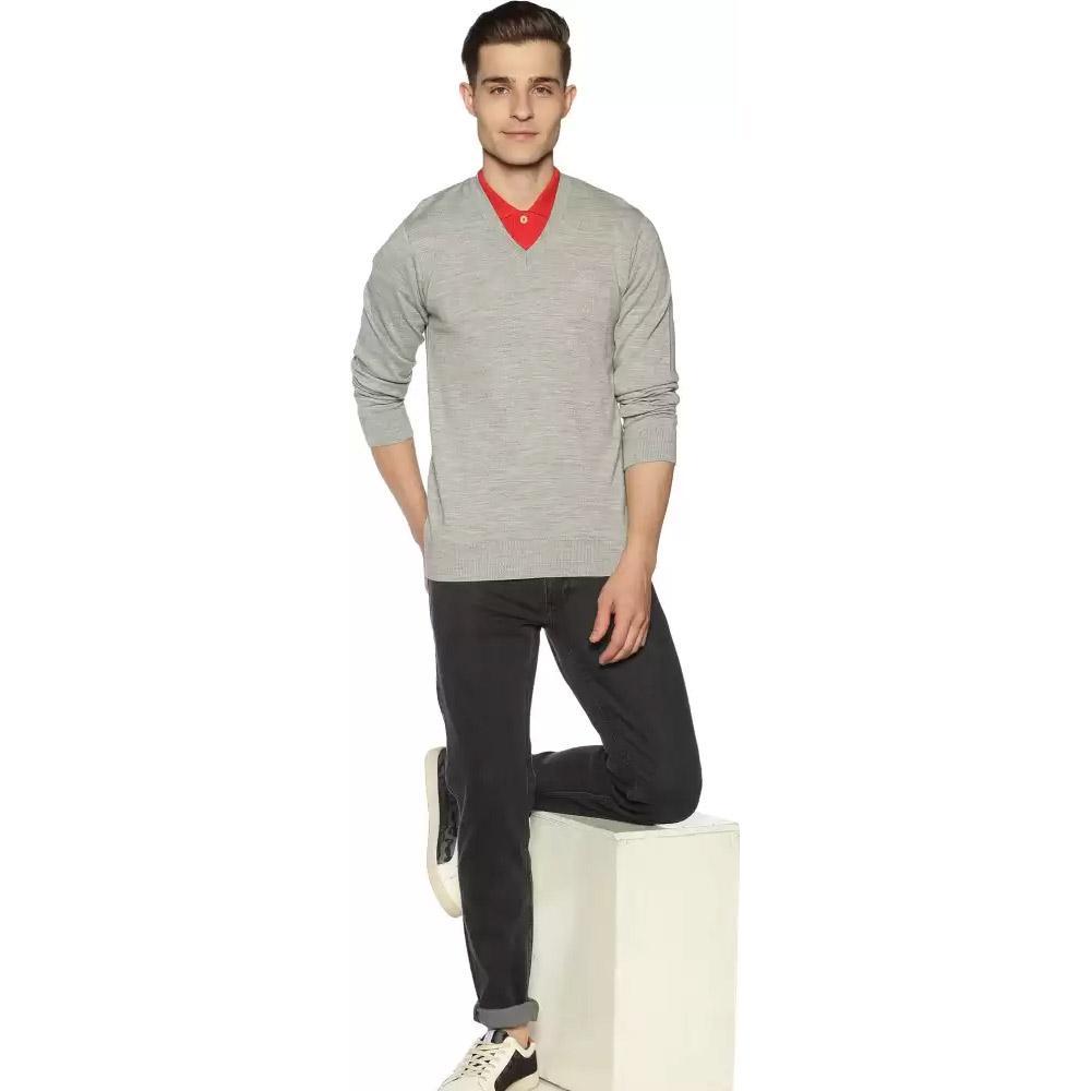 Companion Solid V Neck Casual Men Grey Sweater