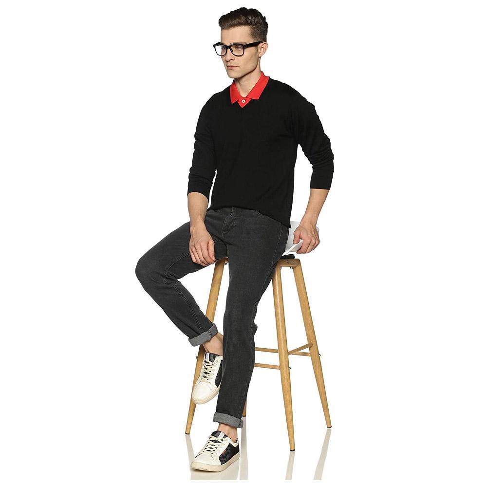 Companion Solid V Neck Casual Men Black Sweater