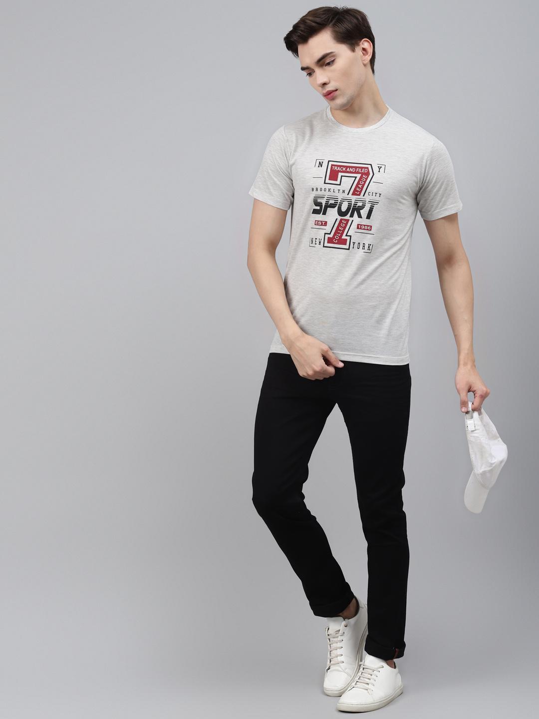 PICOT Men Grey Melange & Black Printed T-shirt