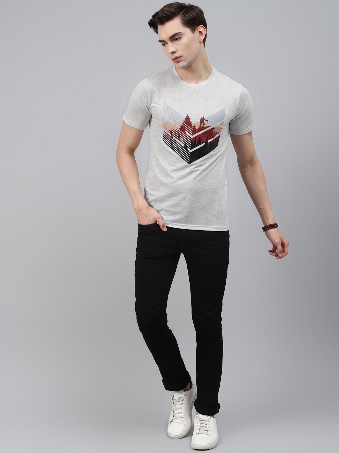 PICOT Men Grey Printed Round Neck T-shirt