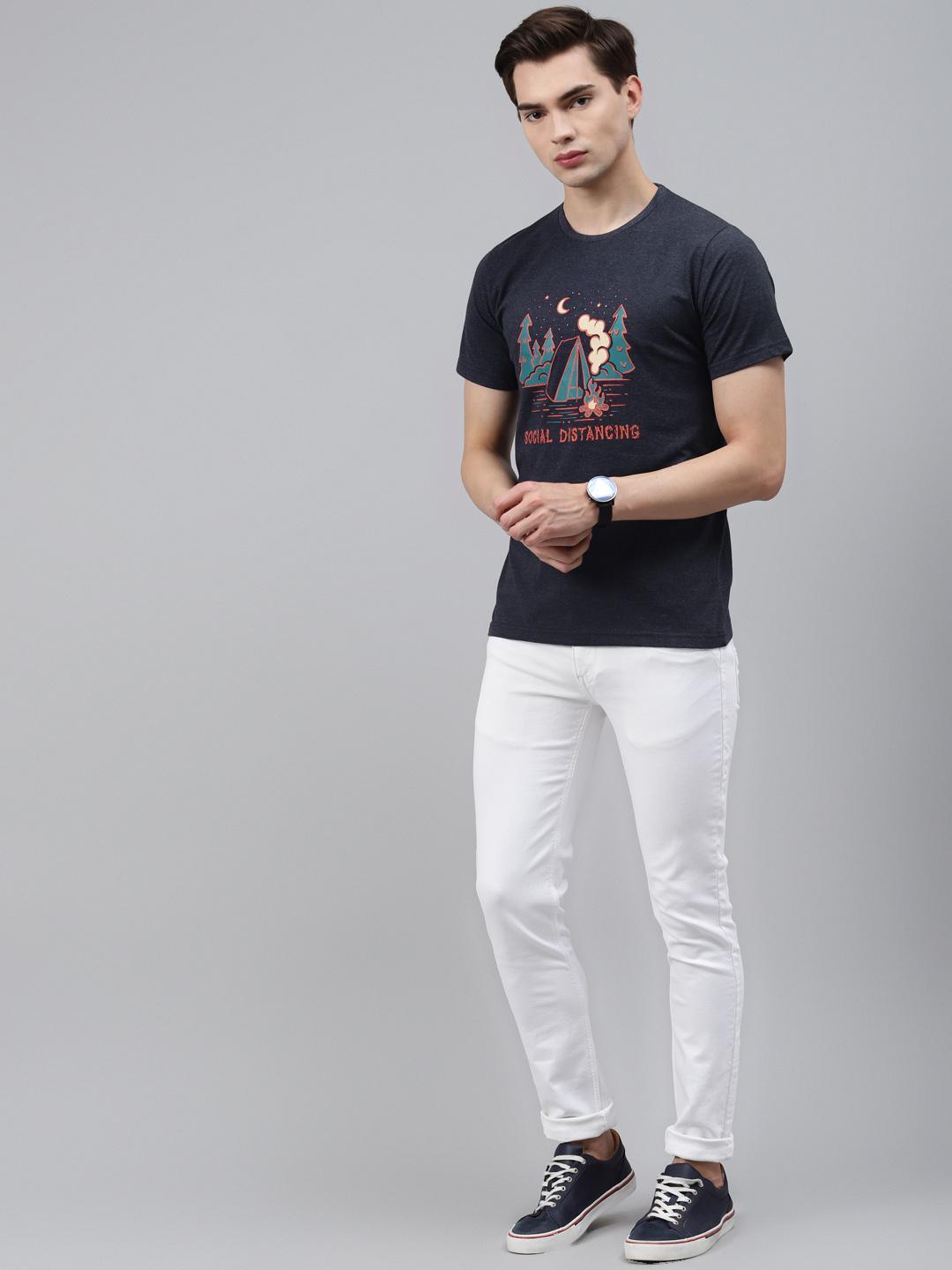 PICOT Men Navy Blue Printed Round Neck T-shirt