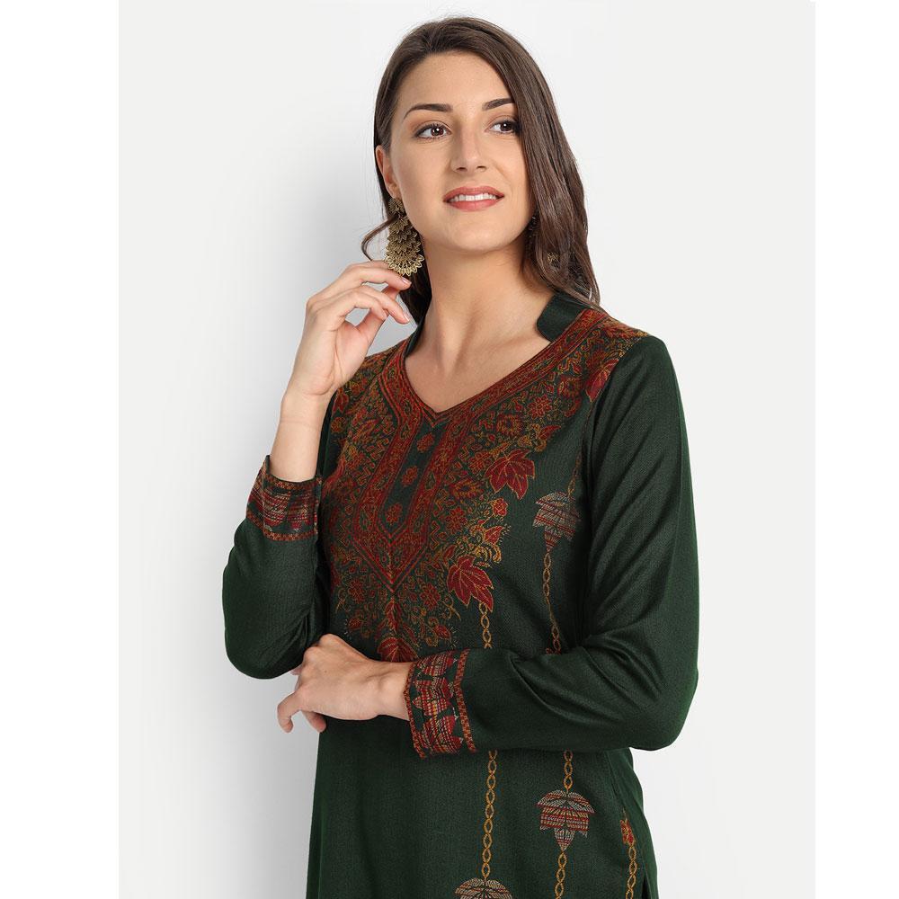 Hemkunt Fabrics Viscose Printed Unstitched Kurta & Palazzo Material (Bottle Green)