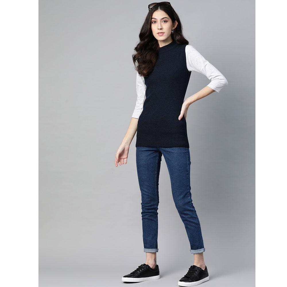 Women Navy Blue Mock Neck Top