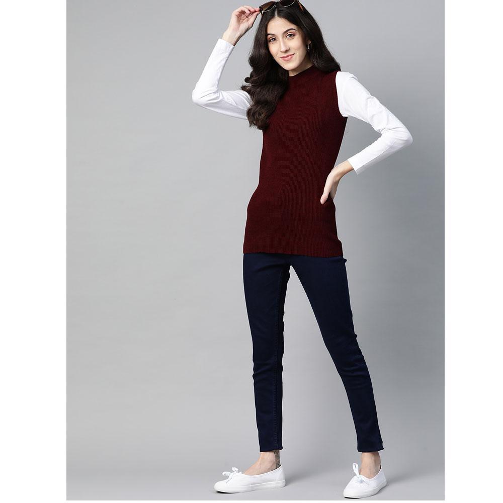 Women Maroon Melange  Mock Neck Top