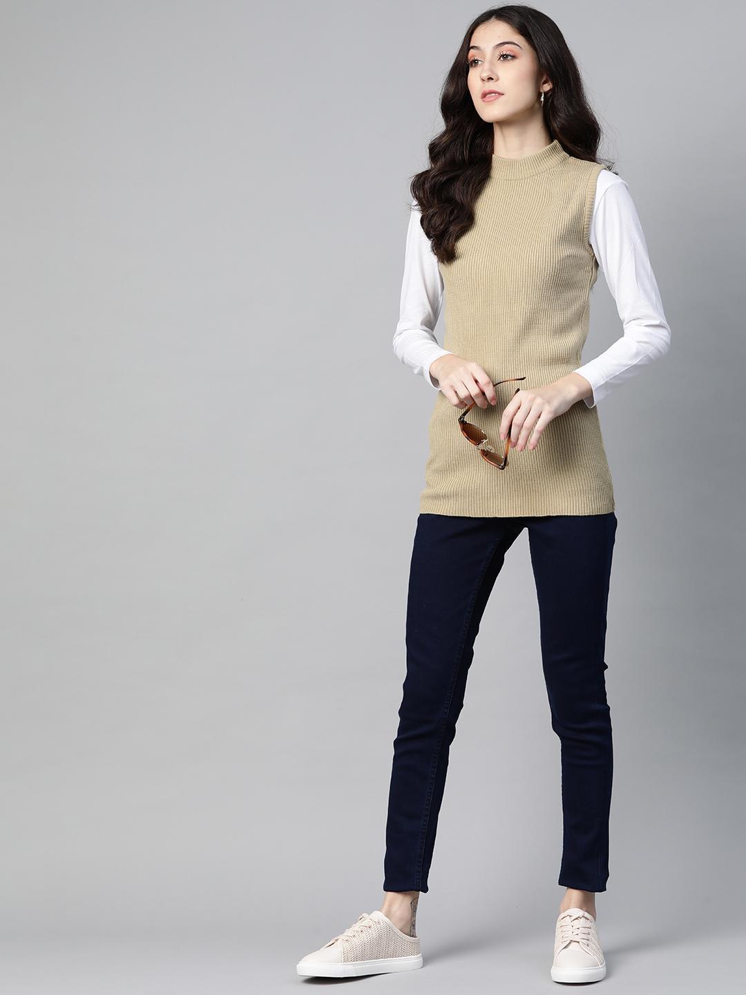 Women Beige Mock Neck Top