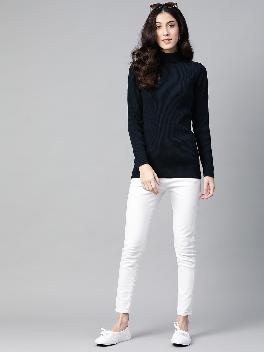 Women Navy Blue Turtle Neck Top