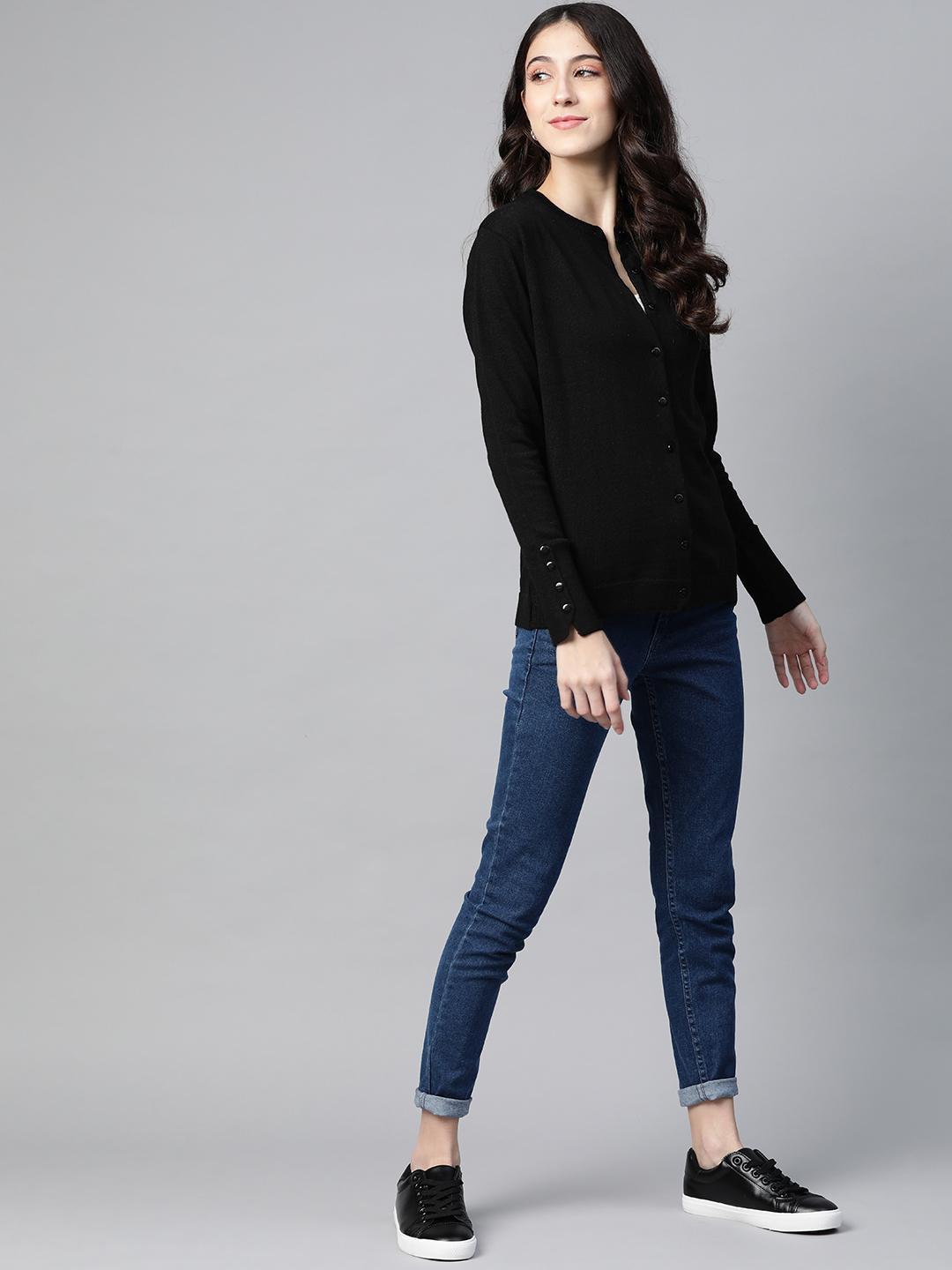 Women Black Round Neck Cardigan With Buttoned Sleeves