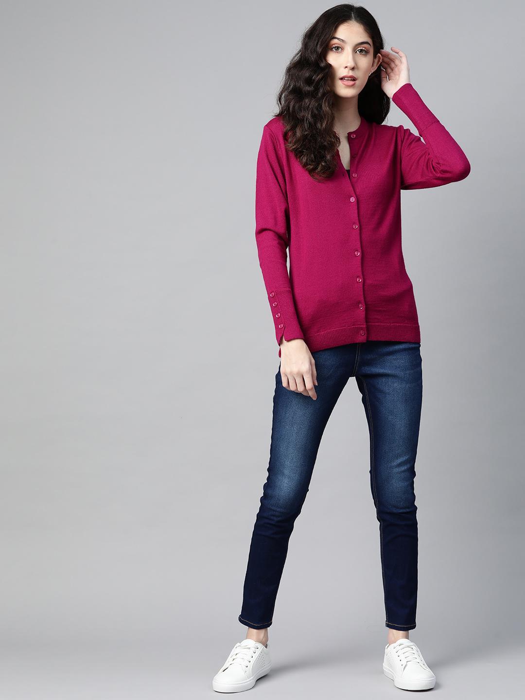 Women Magenta Round Neck Cardigan With Buttoned Sleeves