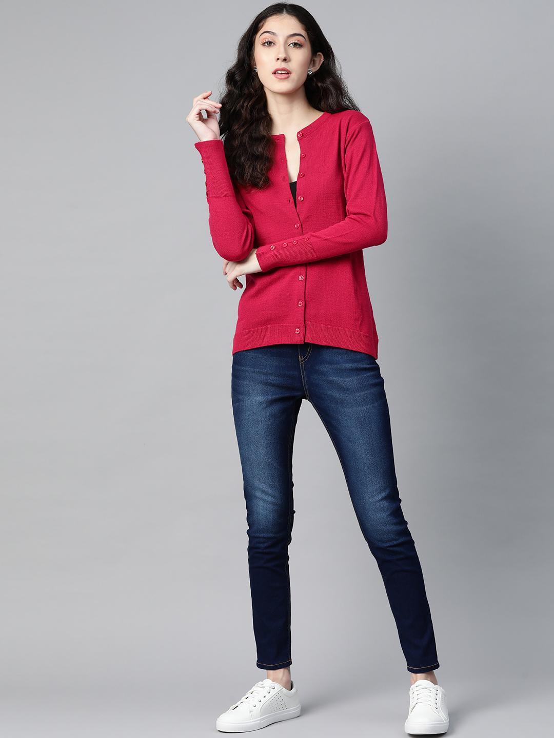 Women Wine Red Round Neck Cardigan With Buttoned Sleeves