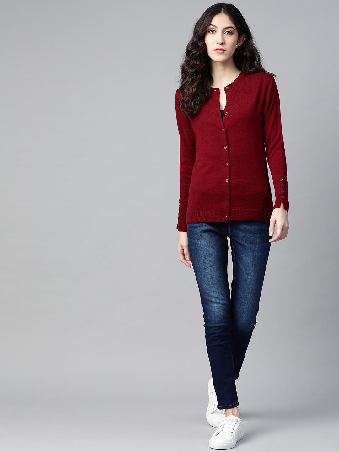 Women Maroon Round Neck Cardigan With Buttoned Sleeves