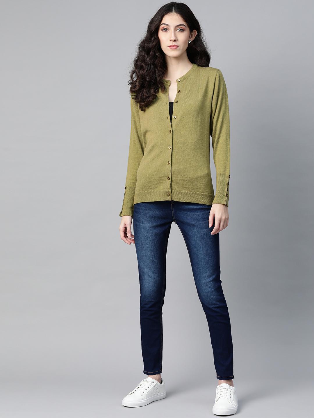 Women Pista Green Neck Cardigan With Buttoned Sleeves
