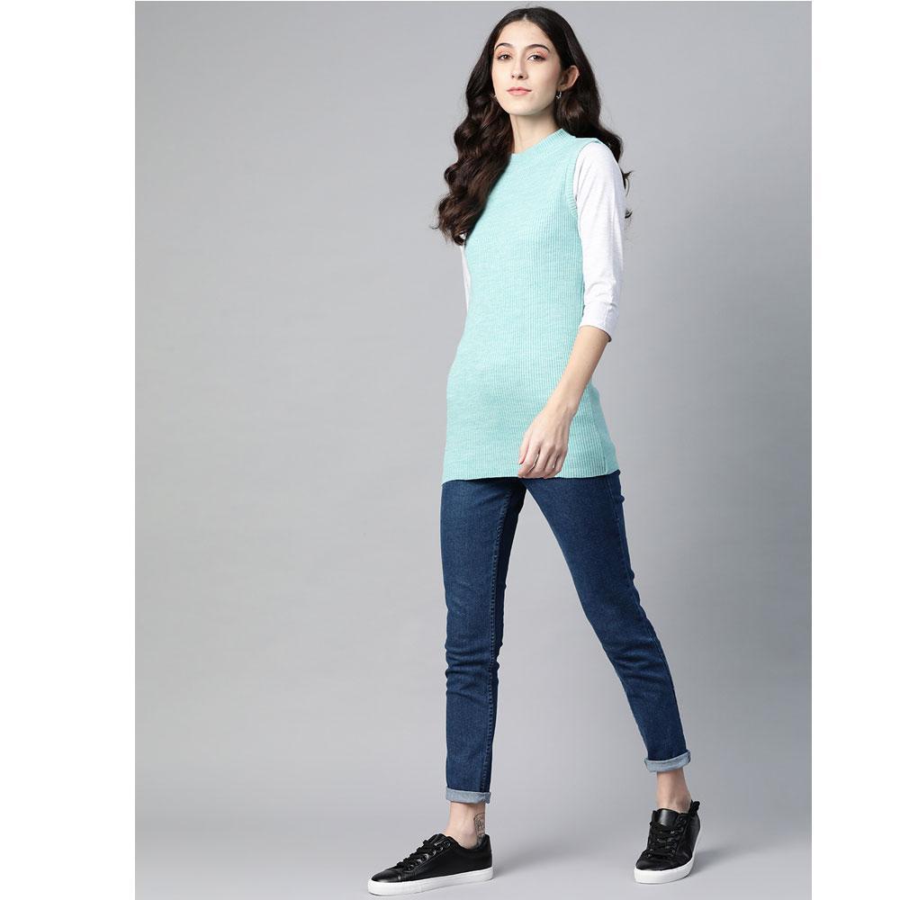 Women Turquoise Blue Mock Neck Top
