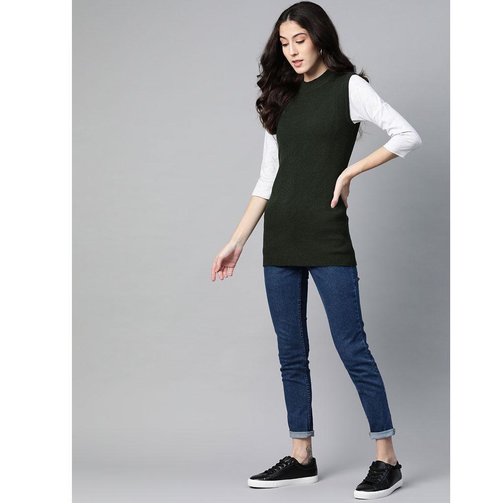 Women Bottle Green Mock Neck Top