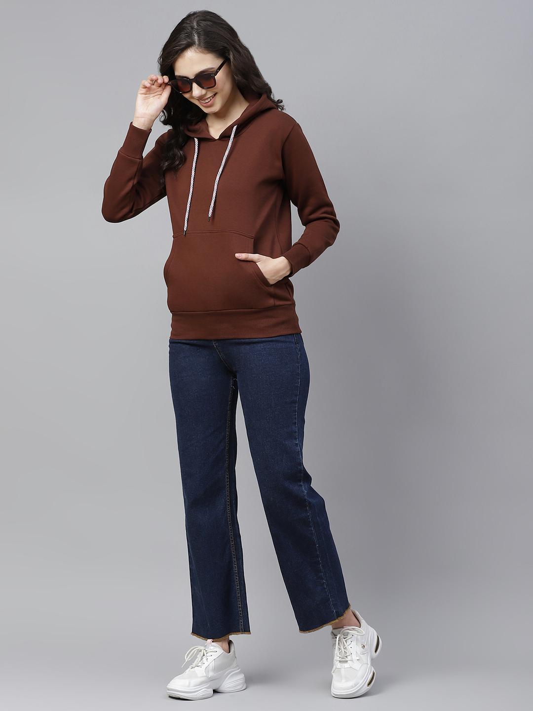 PICOT Women Brown Solid Hooded Sweatshirt