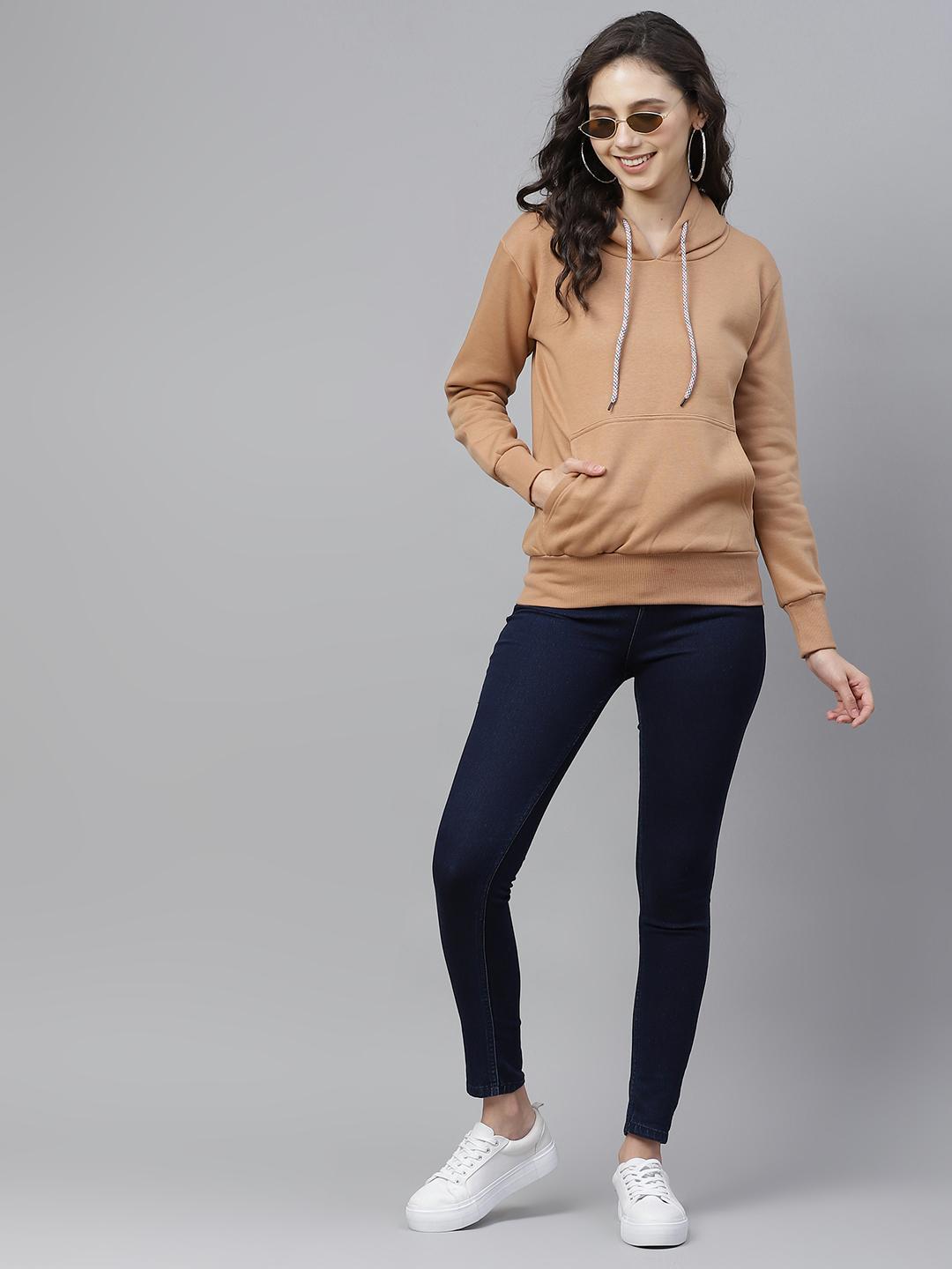 PICOT Women Beige Solid Hooded Sweatshirt