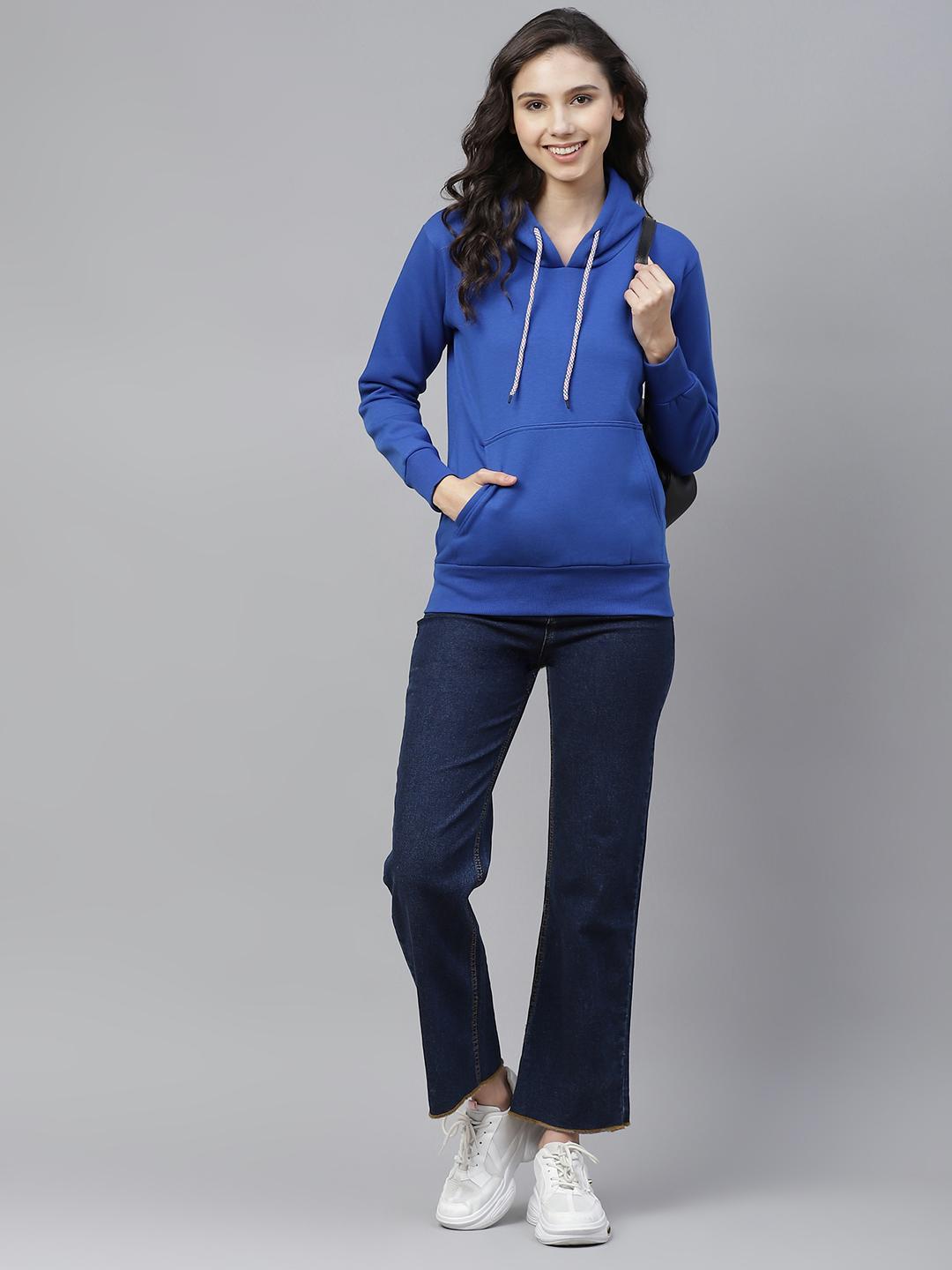 PICOT Women Blue Solid Hooded Sweatshirt