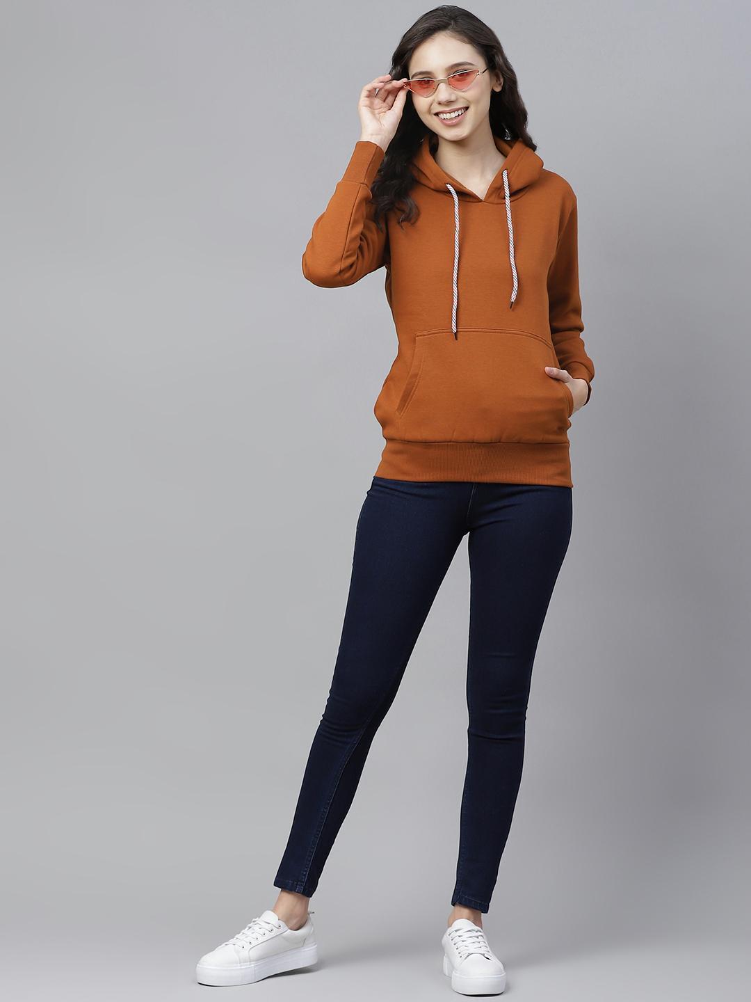 PICOT Women Rust Brown Solid Hooded Sweatshirt