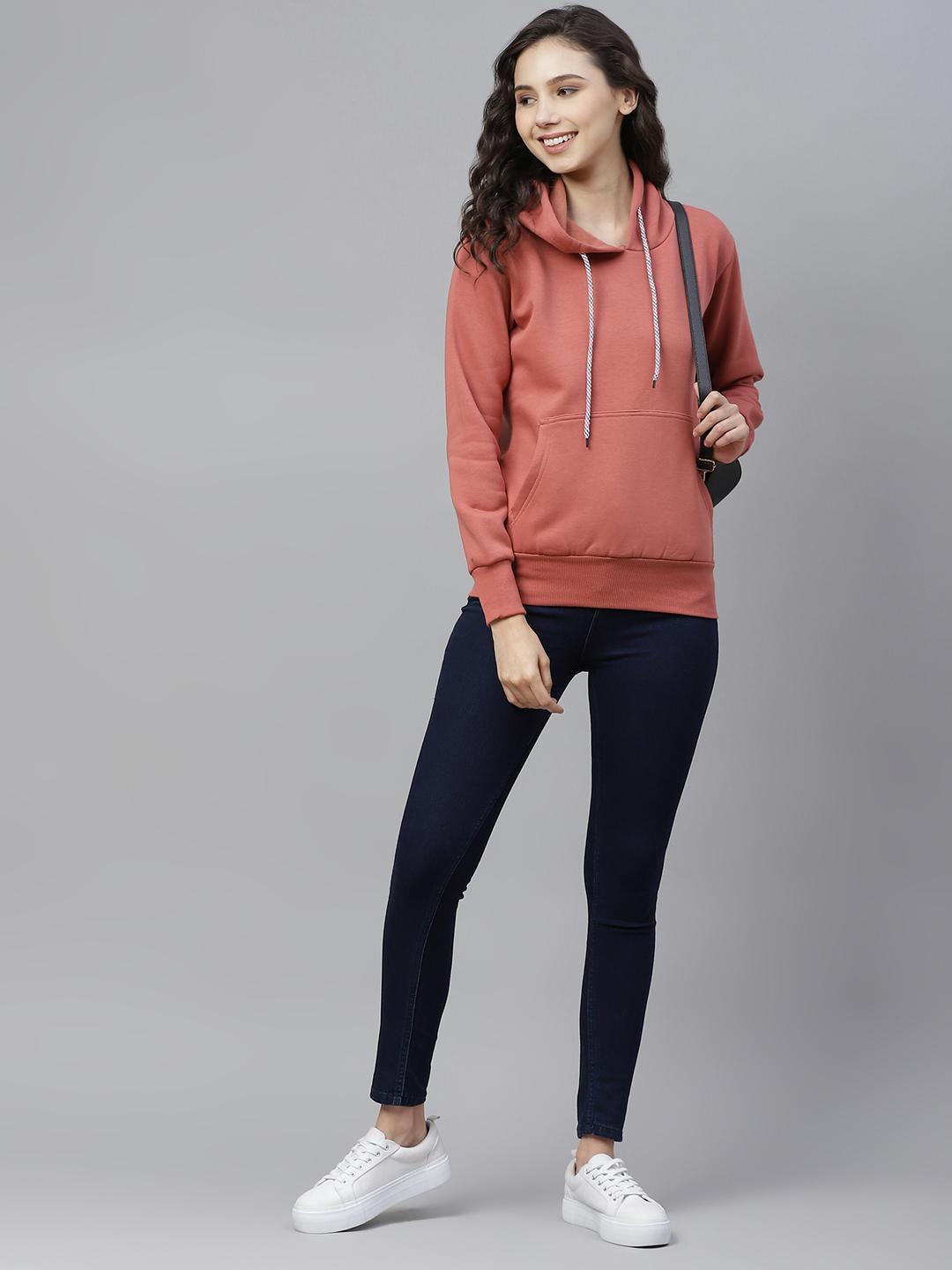 PICOT Women Peach-Coloured Solid Hooded Sweatshirt