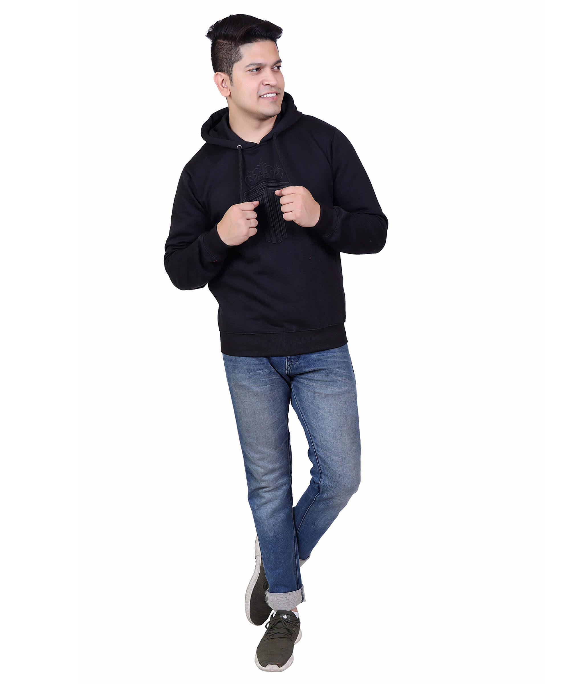 Full Sleeve Embroidered Solid Men Hoodies – Black