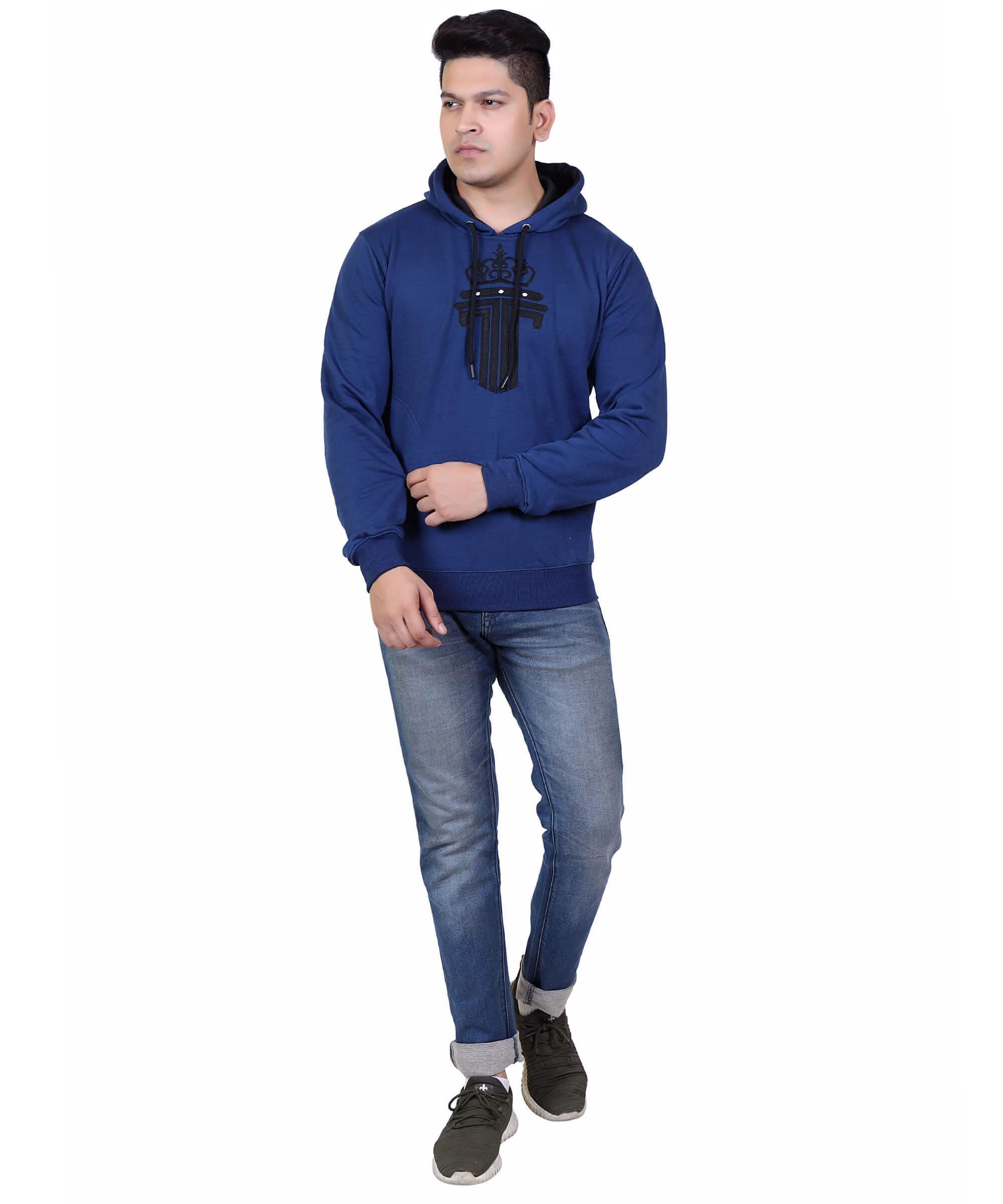 Full Sleeve Embroidered Solid Men Hoodies – Blue