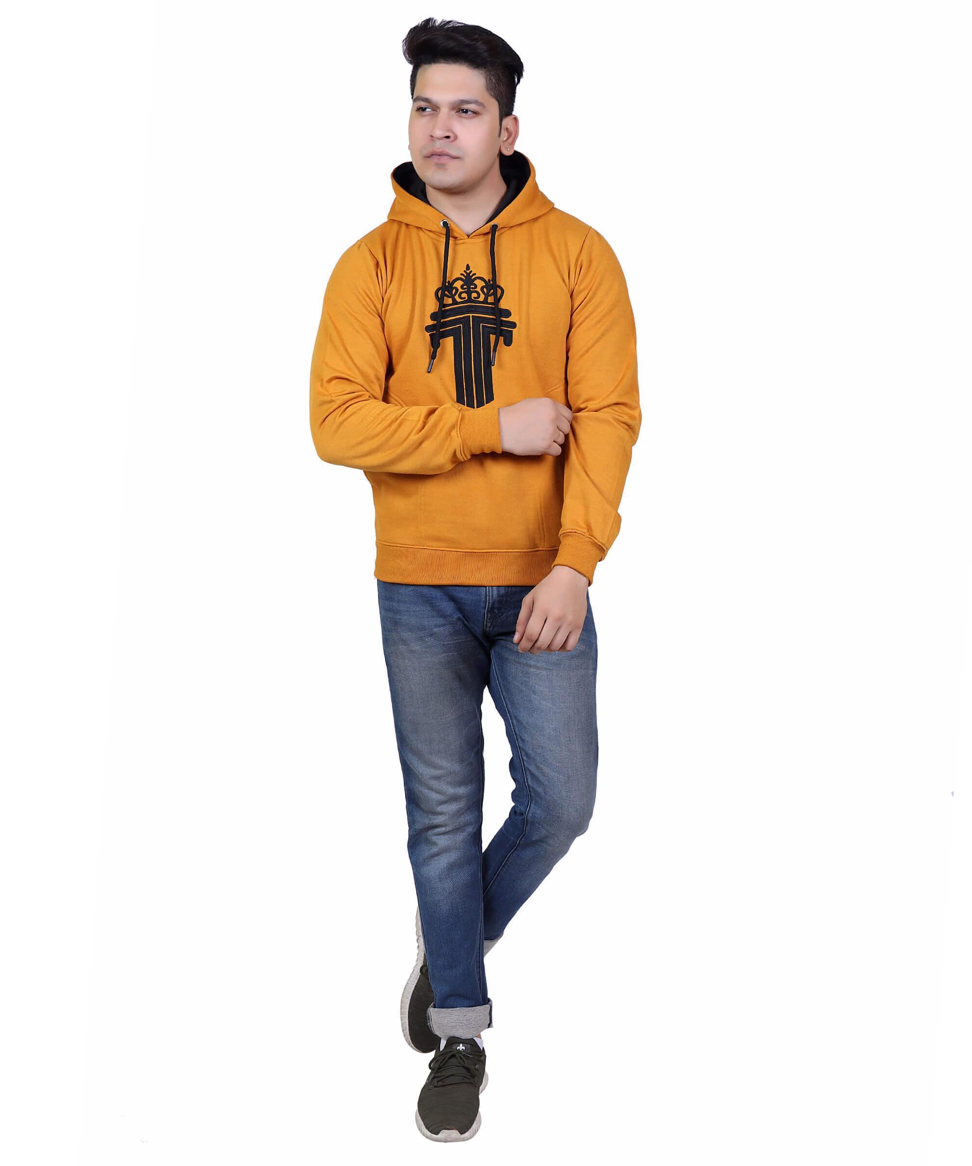 Full Sleeve Embroidered Solid Men Hoodies – Mustard