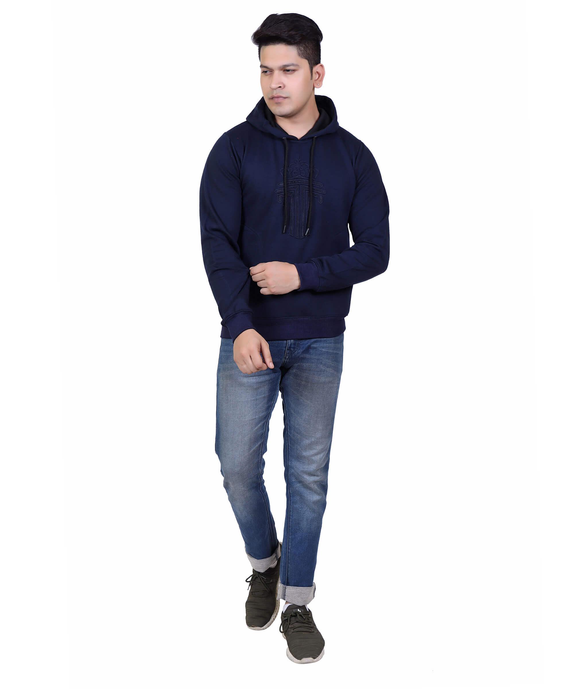 Full Sleeve Embroidered Solid Men Hoodies – Navy Green