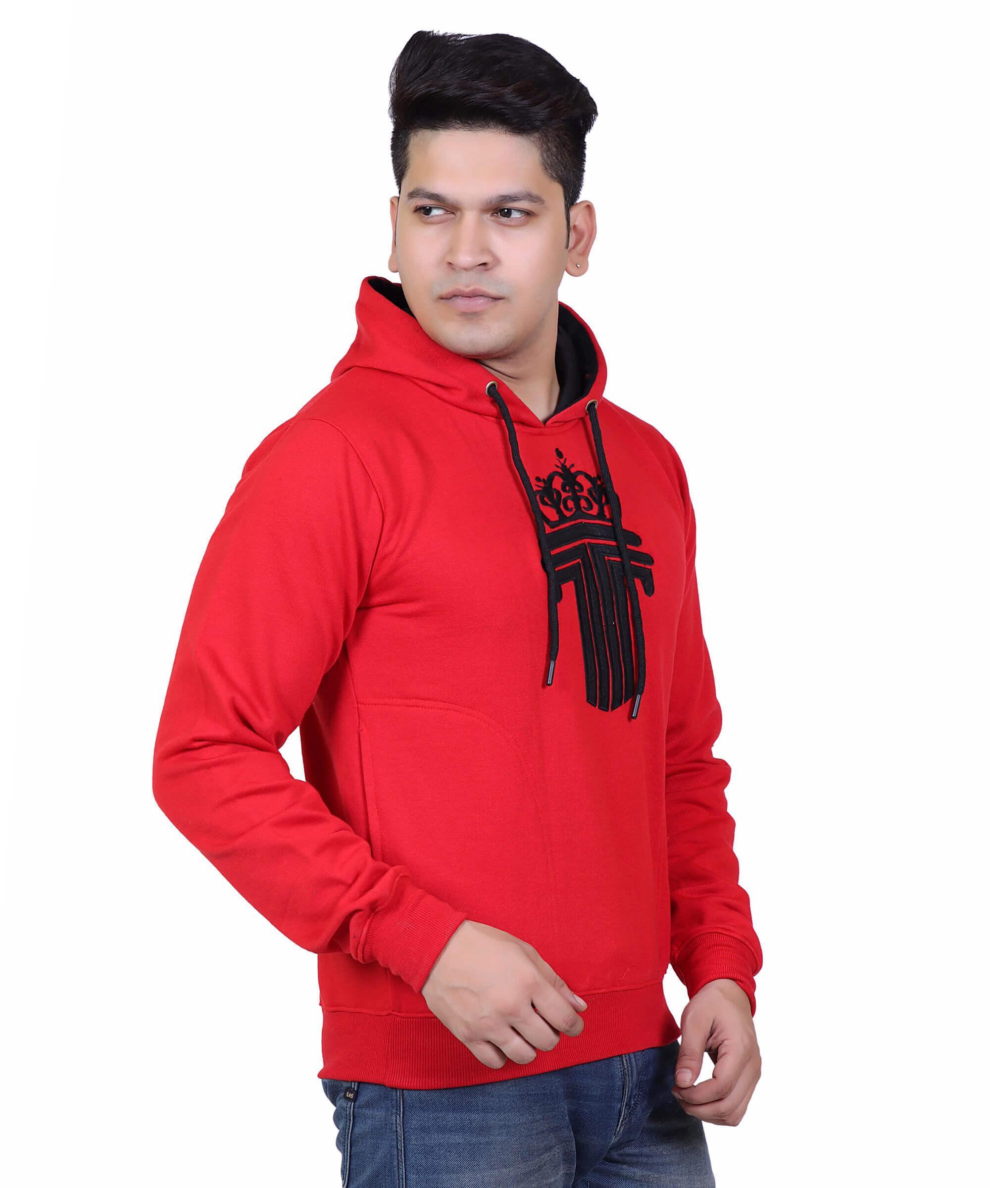 Full Sleeve Embroidered Solid Men Hoodies – Red