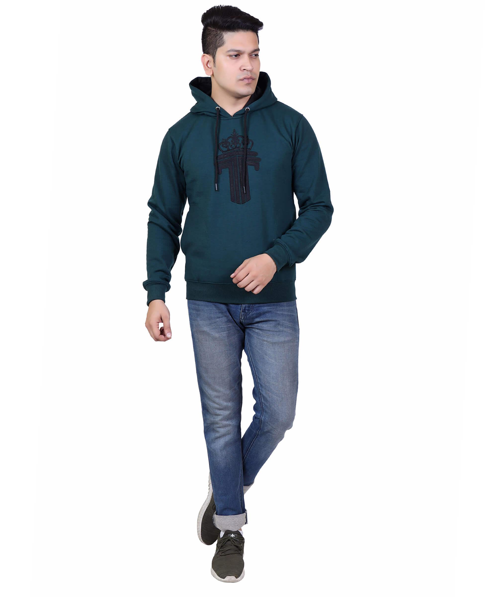 Full Sleeve Embroidered Solid Men Hoodies – Teal Green