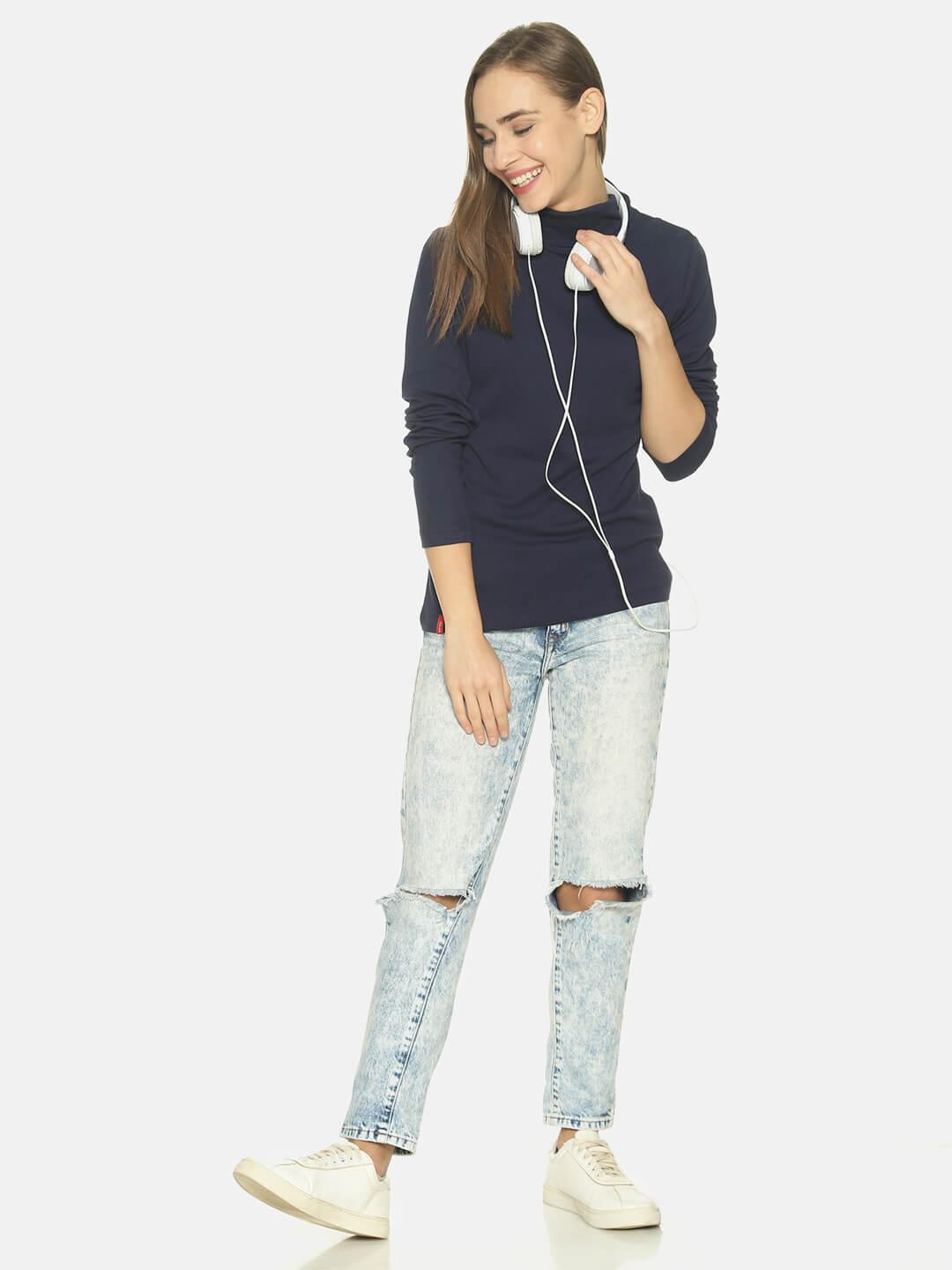 Women’s Navy Solid Turtle Neck Top