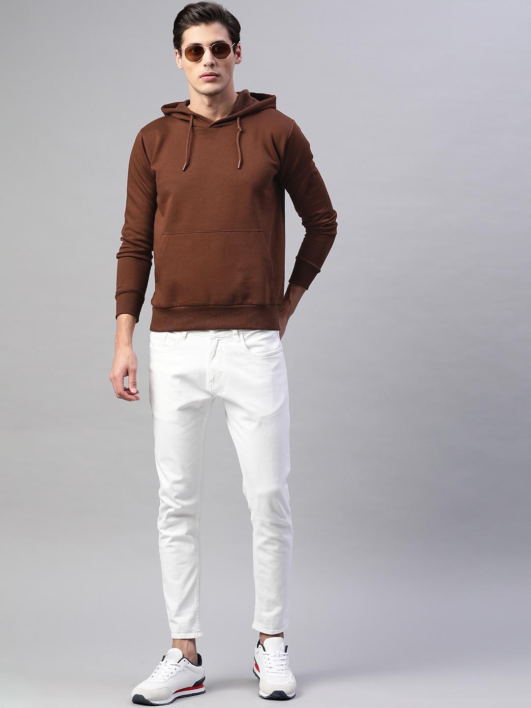 Men Brown Solid Hooded Sweatshirt