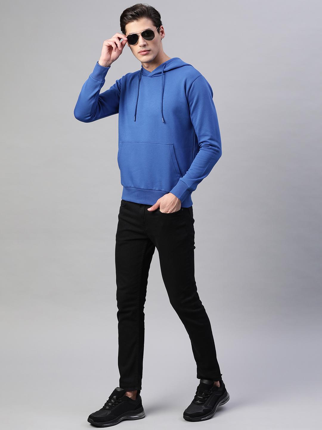 Men Blue Solid Hooded Sweatshirt