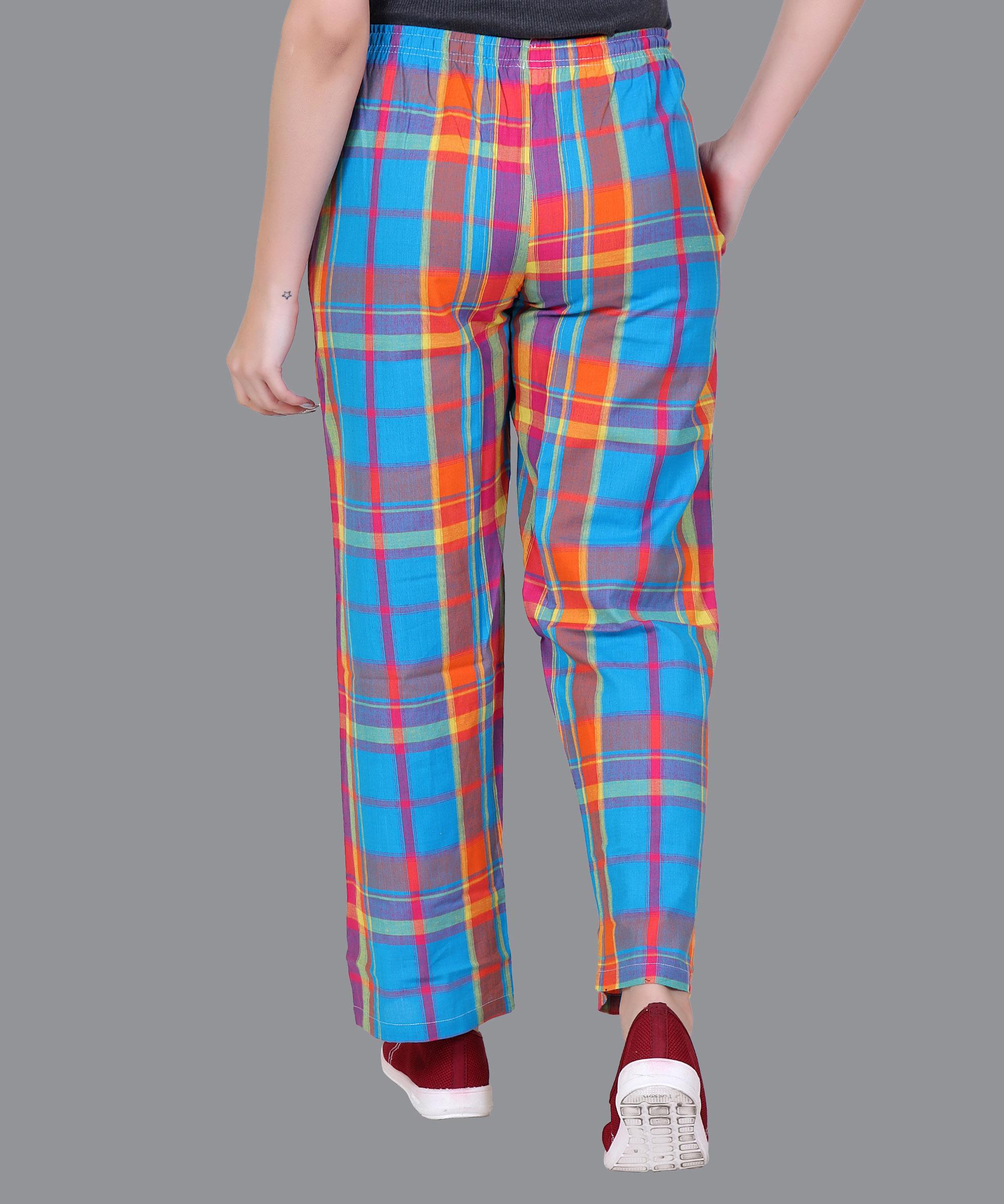 Women Blue & Orange Checked Pajama Regular Fit 