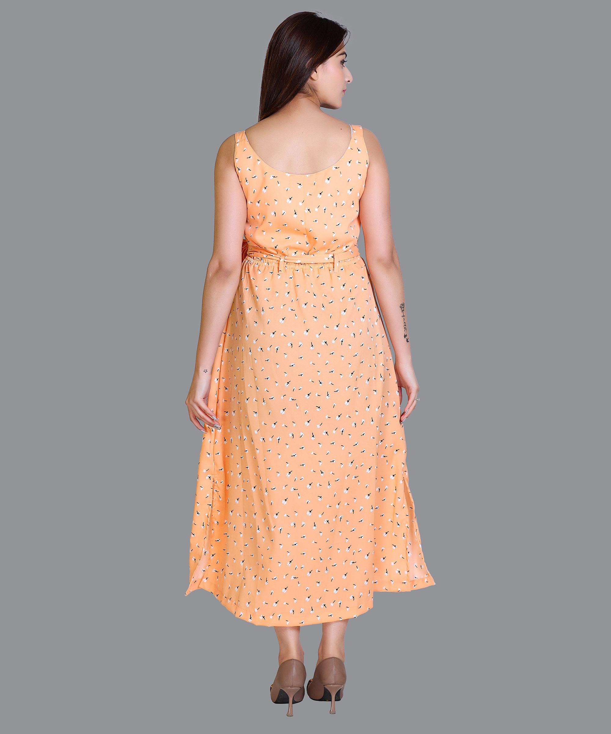 Women Satin Orange Print Western Dress