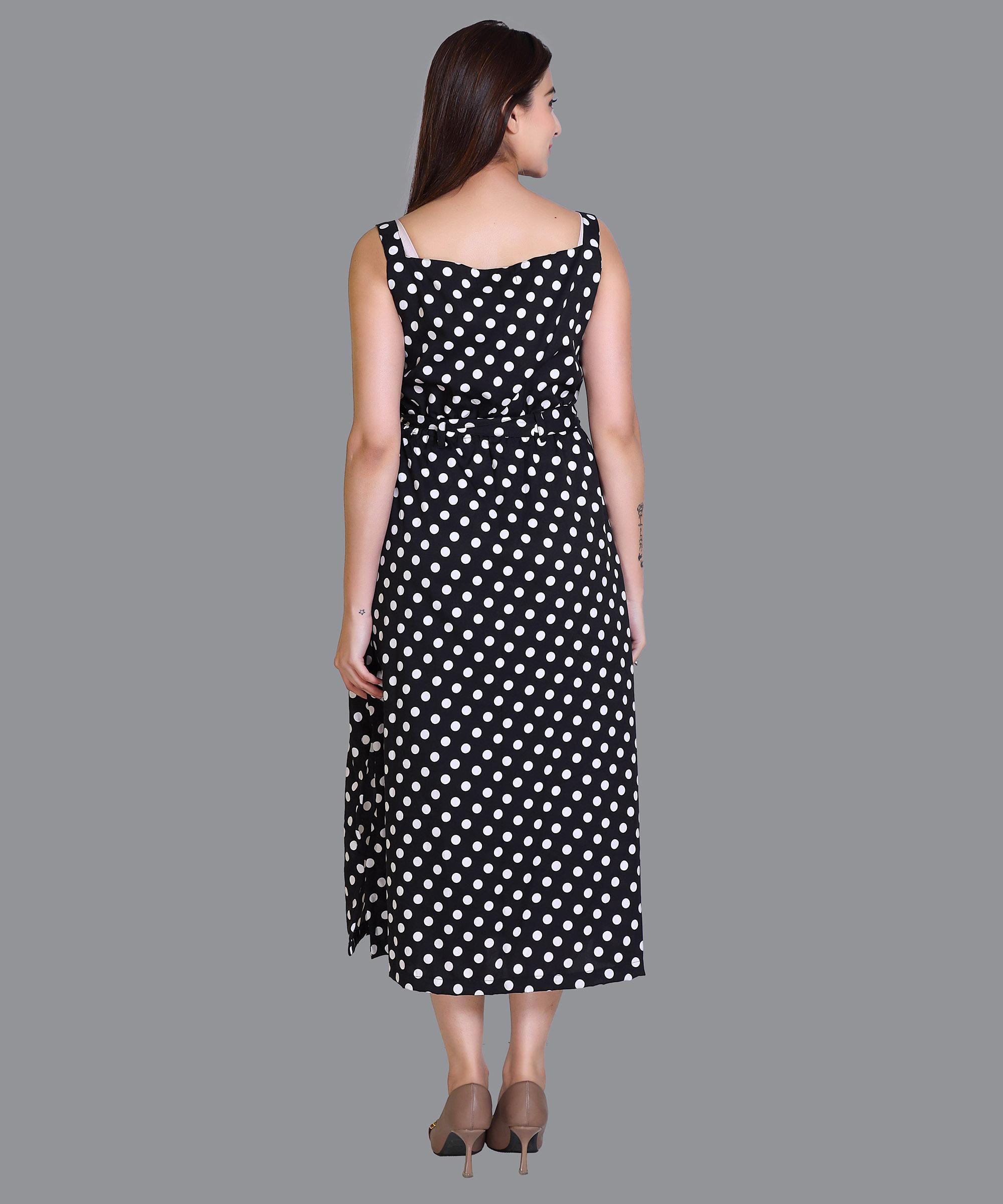 Women Satin Black Polka Western Dress