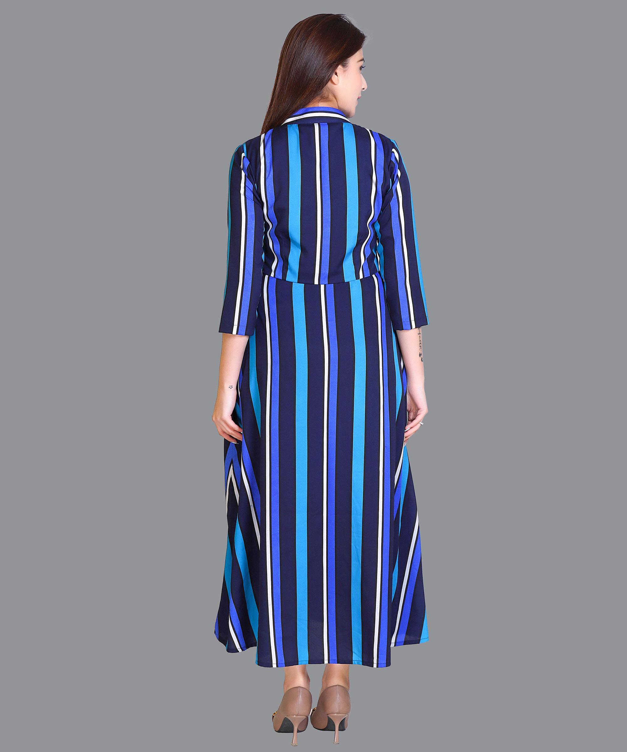 Women Satin Blue Strips Western Dress