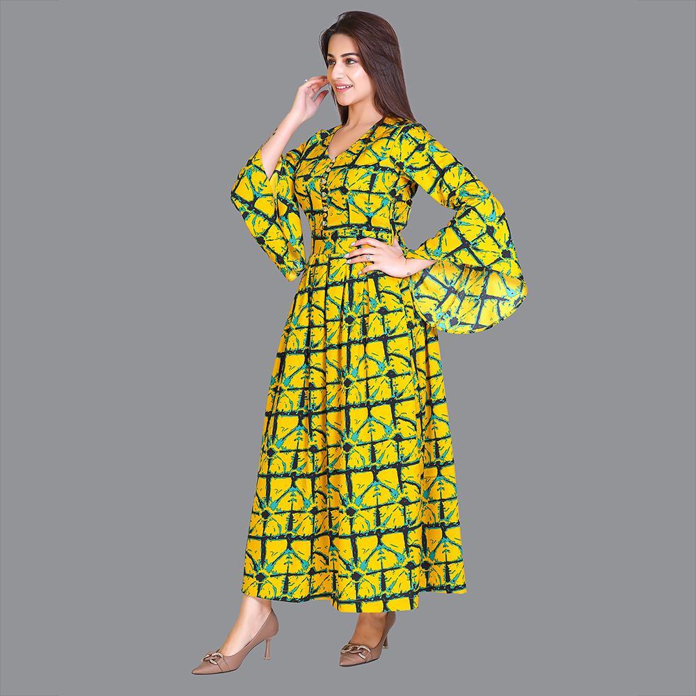Women Satin Yellow Print Western Dress