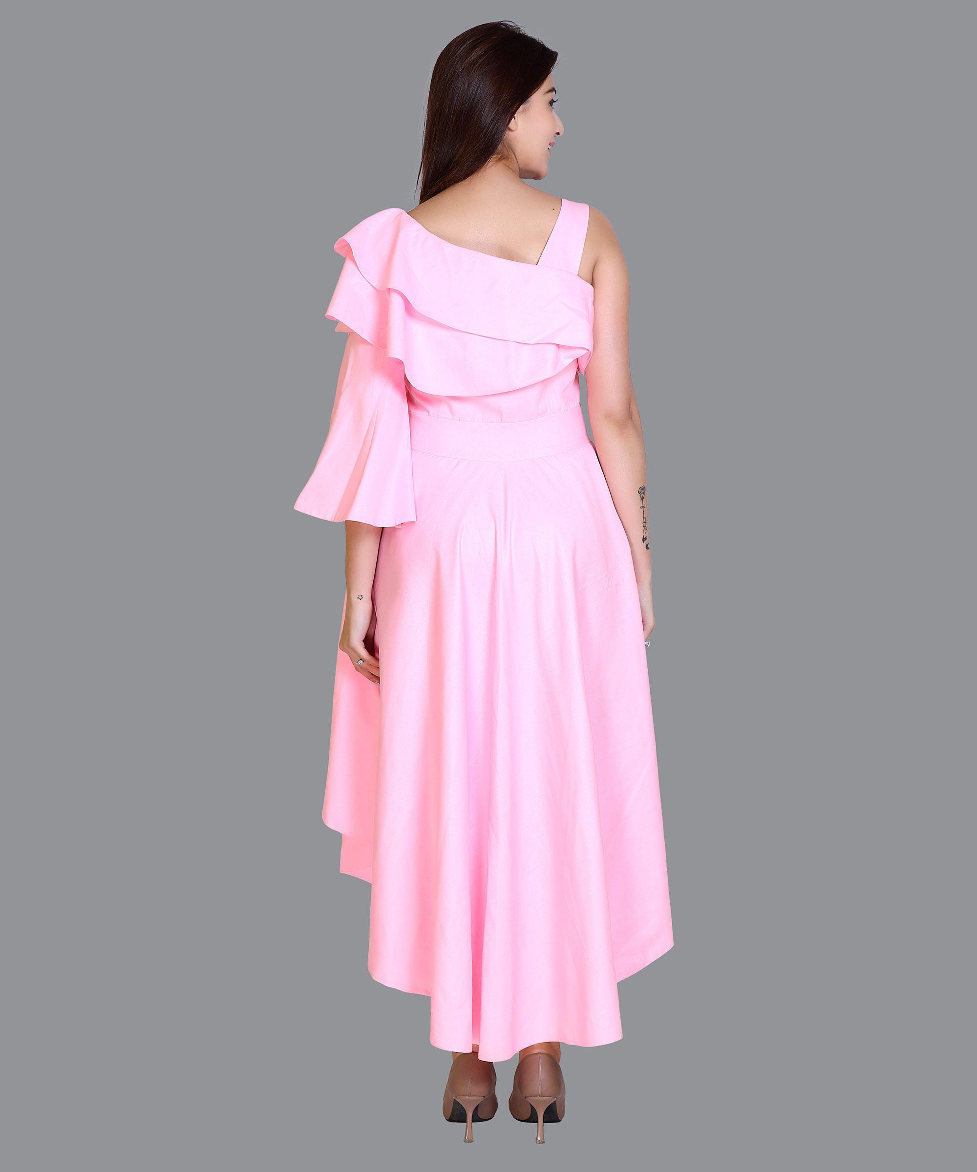 Women Satin Baby Pink Print Western Dress