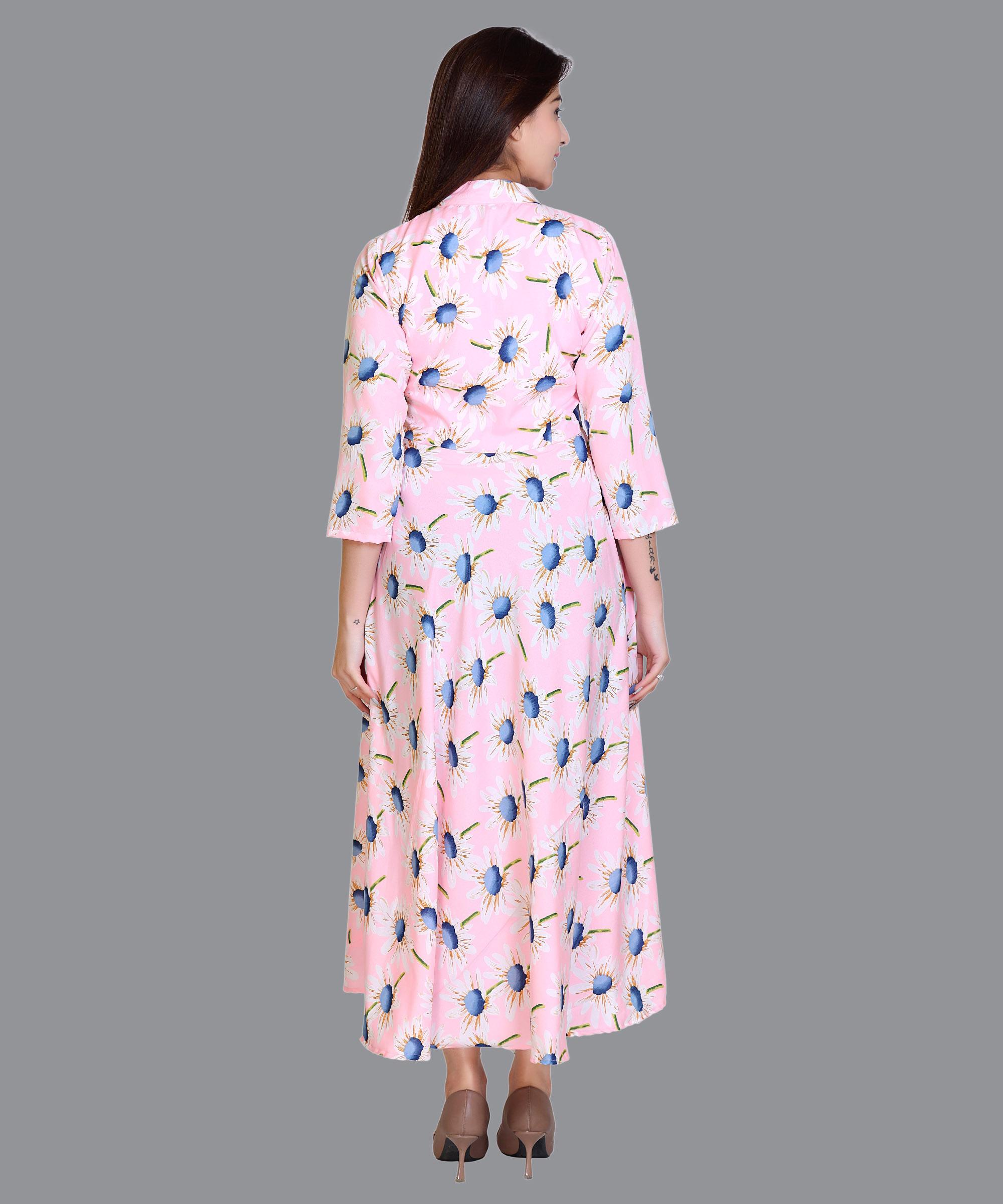 Women Satin Pink Floral Print Western Dress