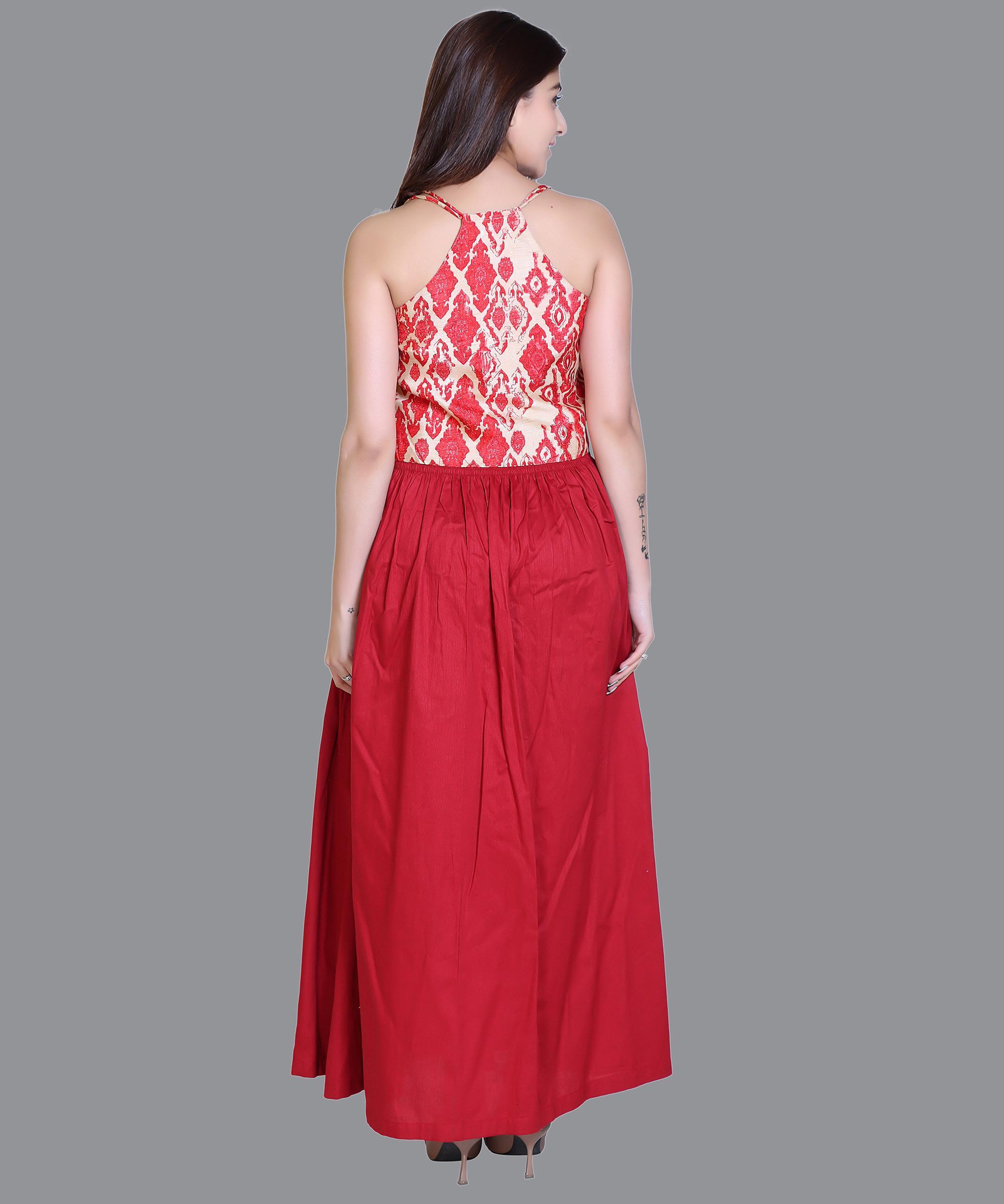 Women Satin Maroon Print Western Dress
