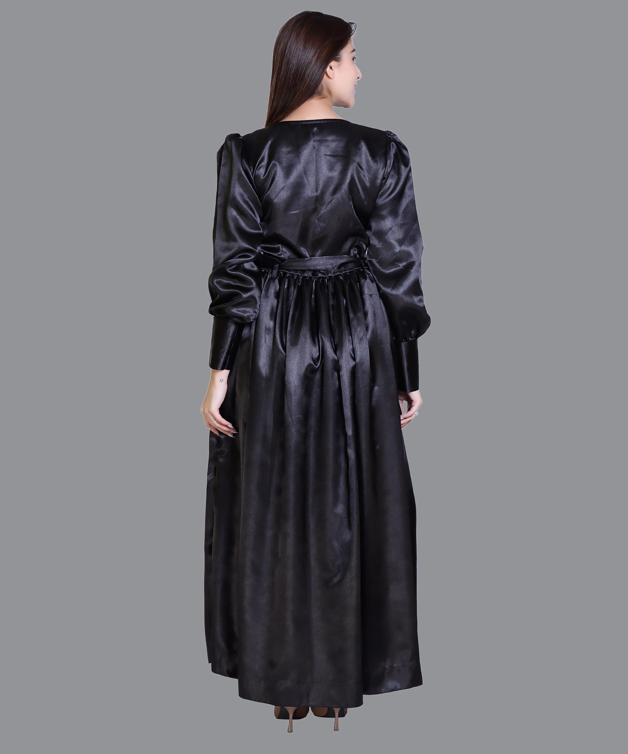 Women Satin Black Print Western Dress