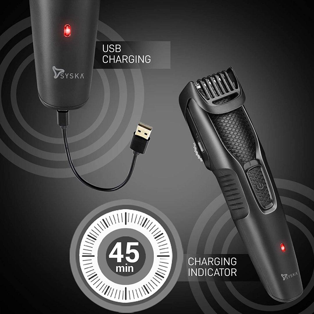 Syska HT200 PRO BeardPro Cordless Rechargeable Trimmer - 10 Length Settings; 45 min Runtime (Black)