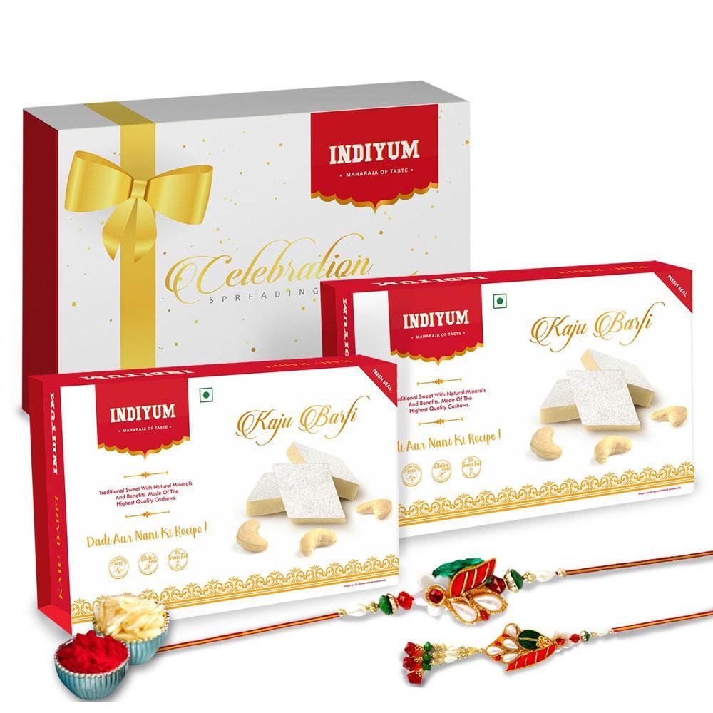 Indiyum Rakhi Sweet Combo Gift Pack For Bhaiya Bhabhi - Kaju Barfi 400g (200g X 2) Rakhi Roli Chawal