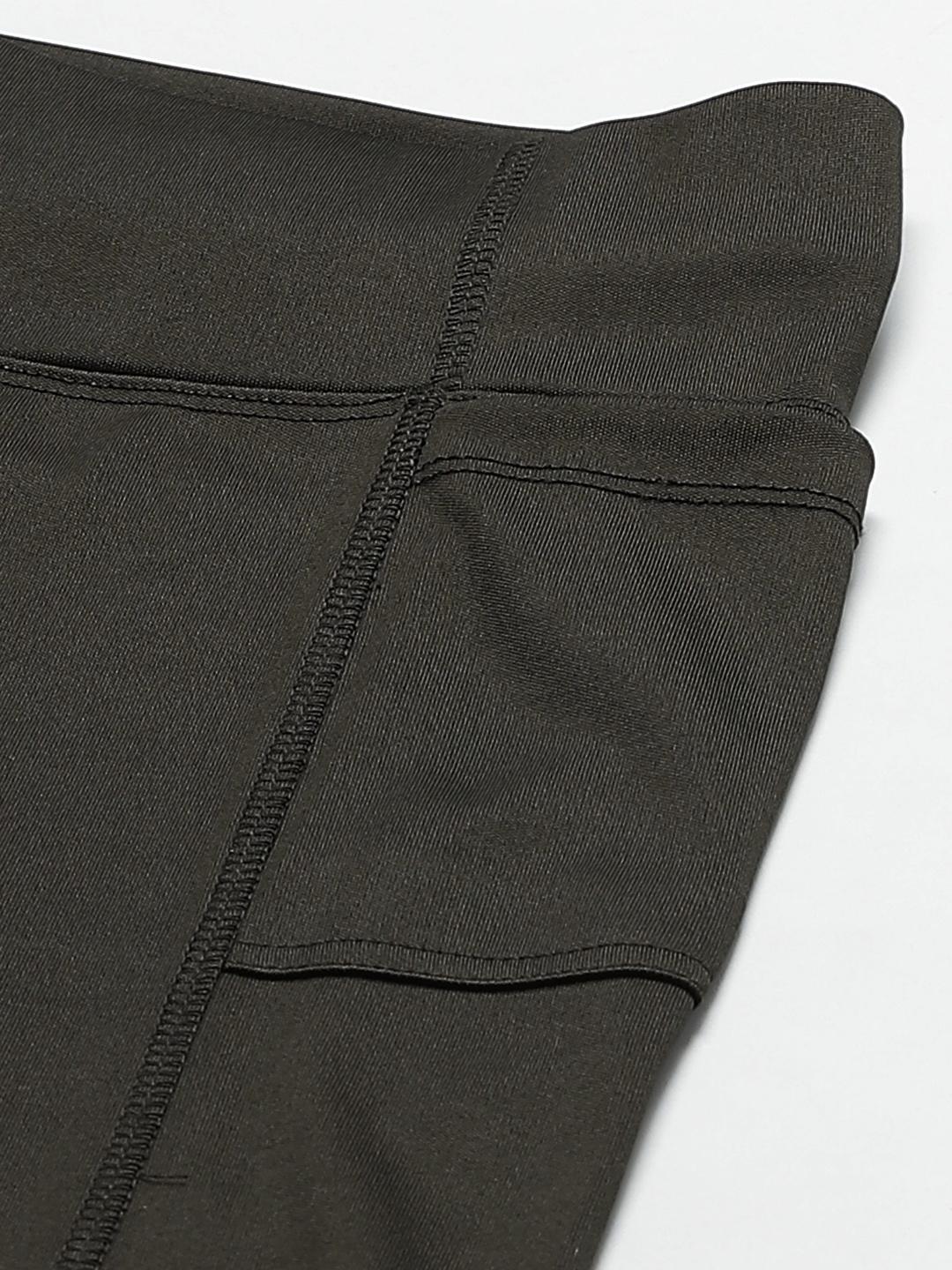 Women Olive Green Solid High Rise Tights with Mesh Detail