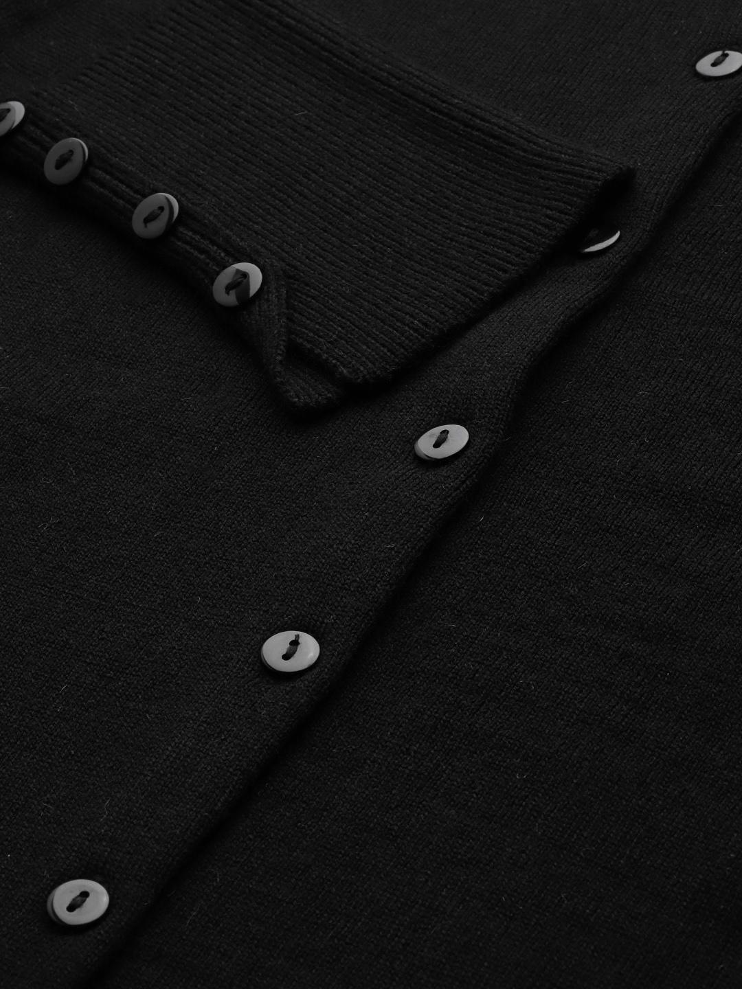 Women Black Round Neck Cardigan With Buttoned Sleeves