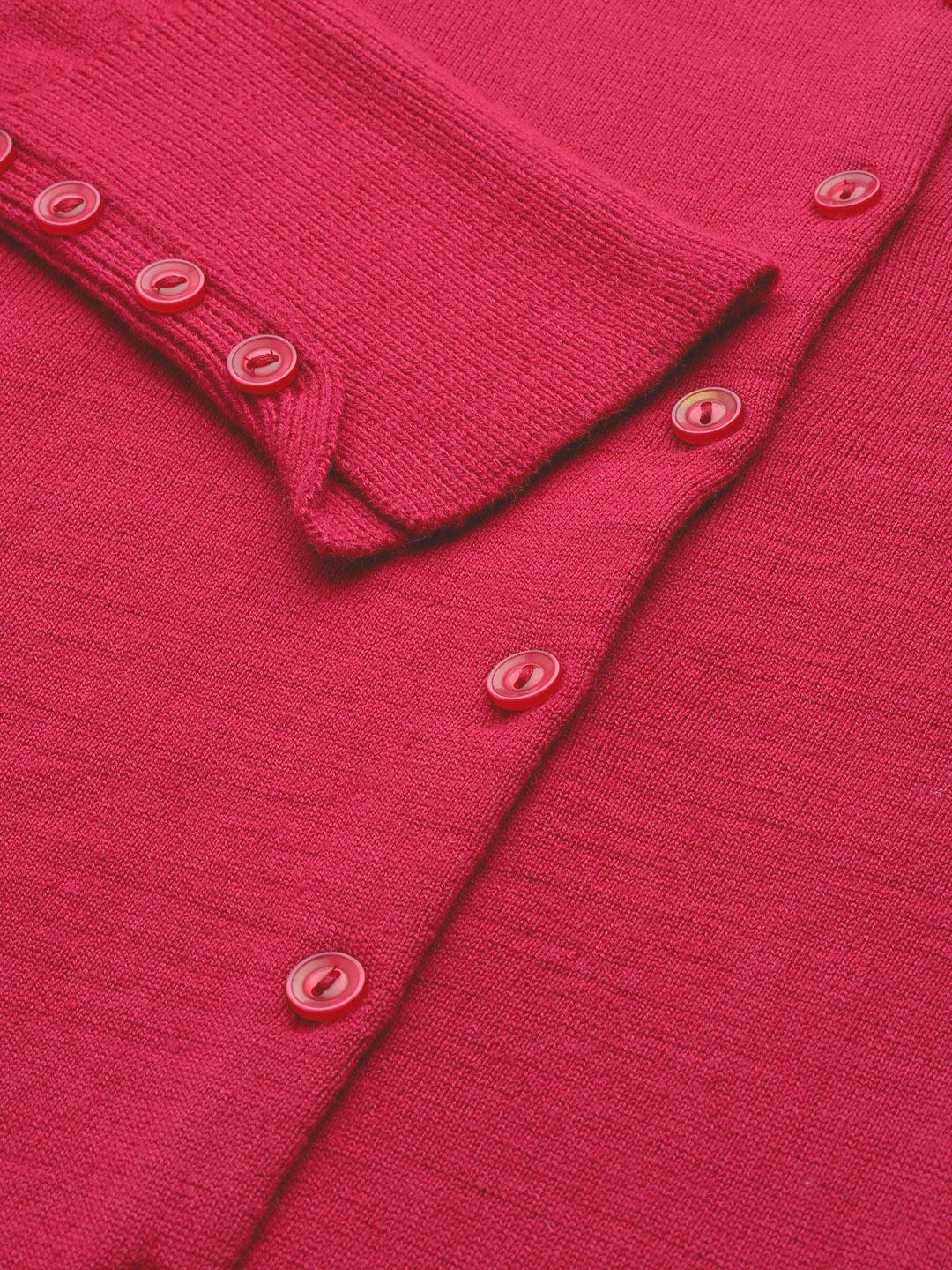 Women Wine Red Round Neck Cardigan With Buttoned Sleeves